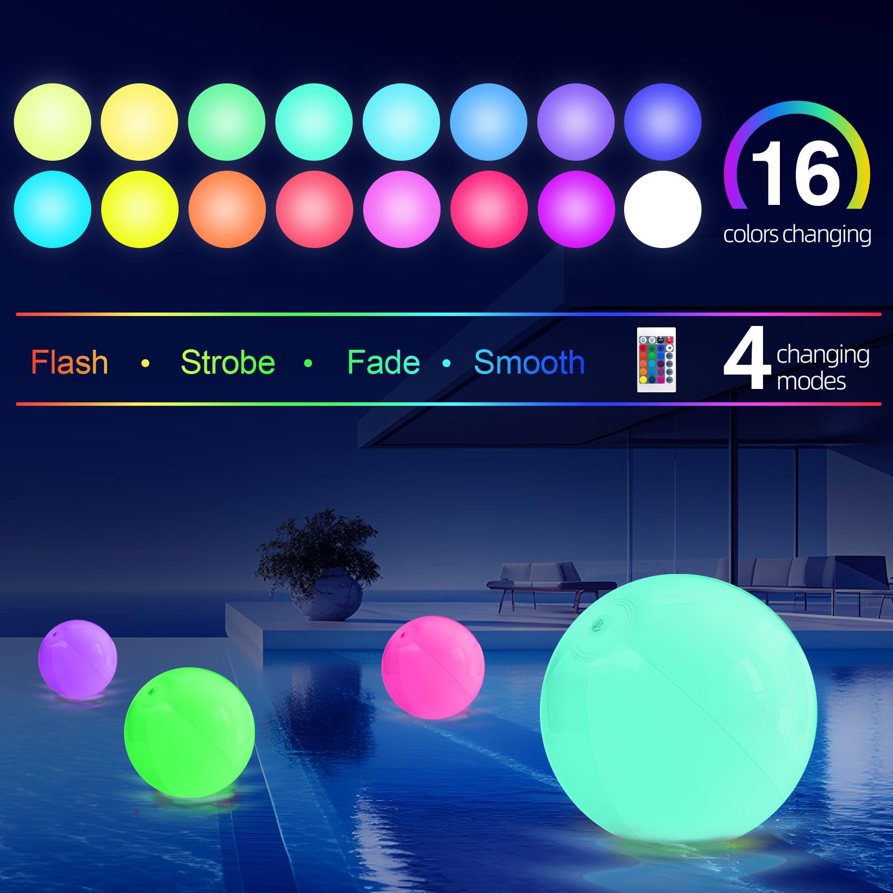 Led Large Floating Pool Ball - 16 Inflatable Solar Beach Ball Pool Toys For Adults And Kids With Remote Control 16 Colors Lights