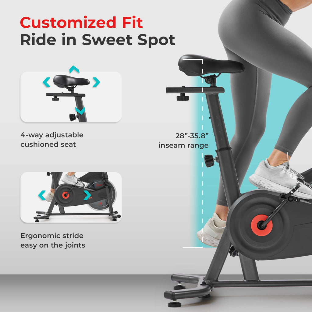 Sunny Health & Fitness ACTIVE Smart Cycling Exercise Bike, Magnetic Resistance Plus 4-Way Adjustable Cushion Seat, Home Stationa