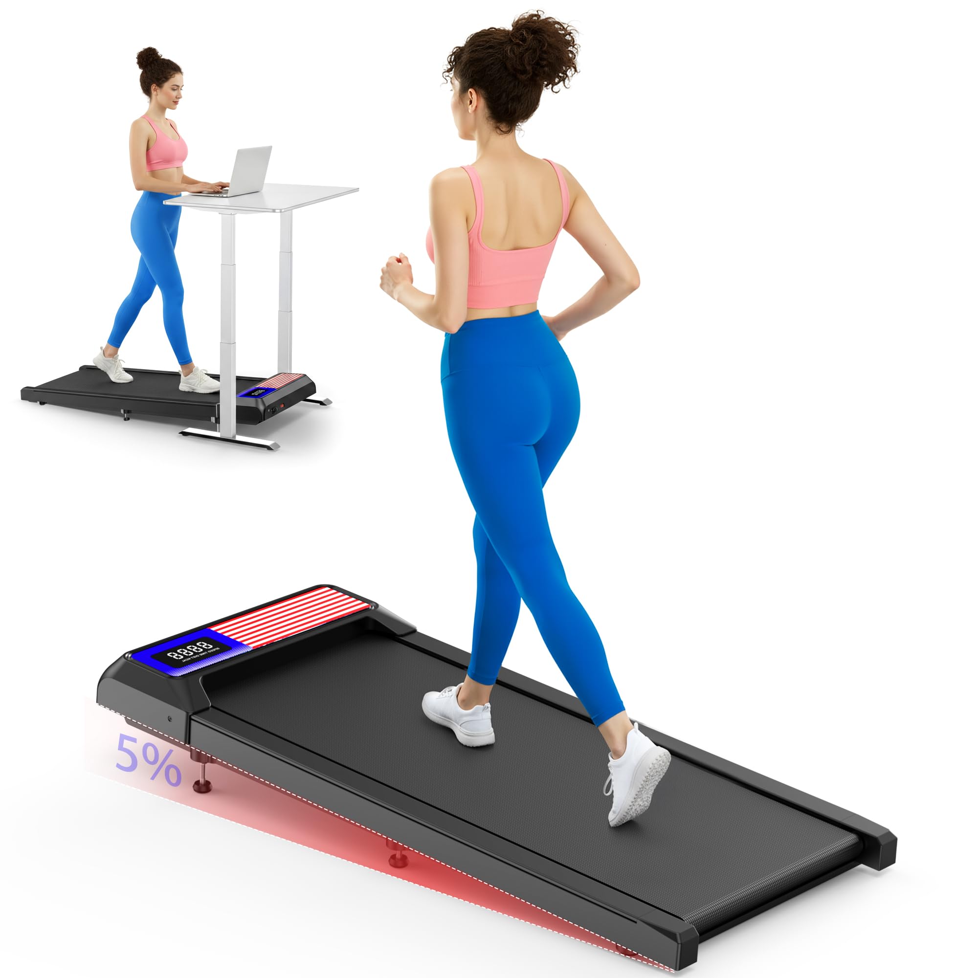 2.5HP Walking Treadmill Pad Incline, Under Desk Treadmill with Remote, 3 in 1 Low Noise Small Walking Mini Pad with Led Screen, 