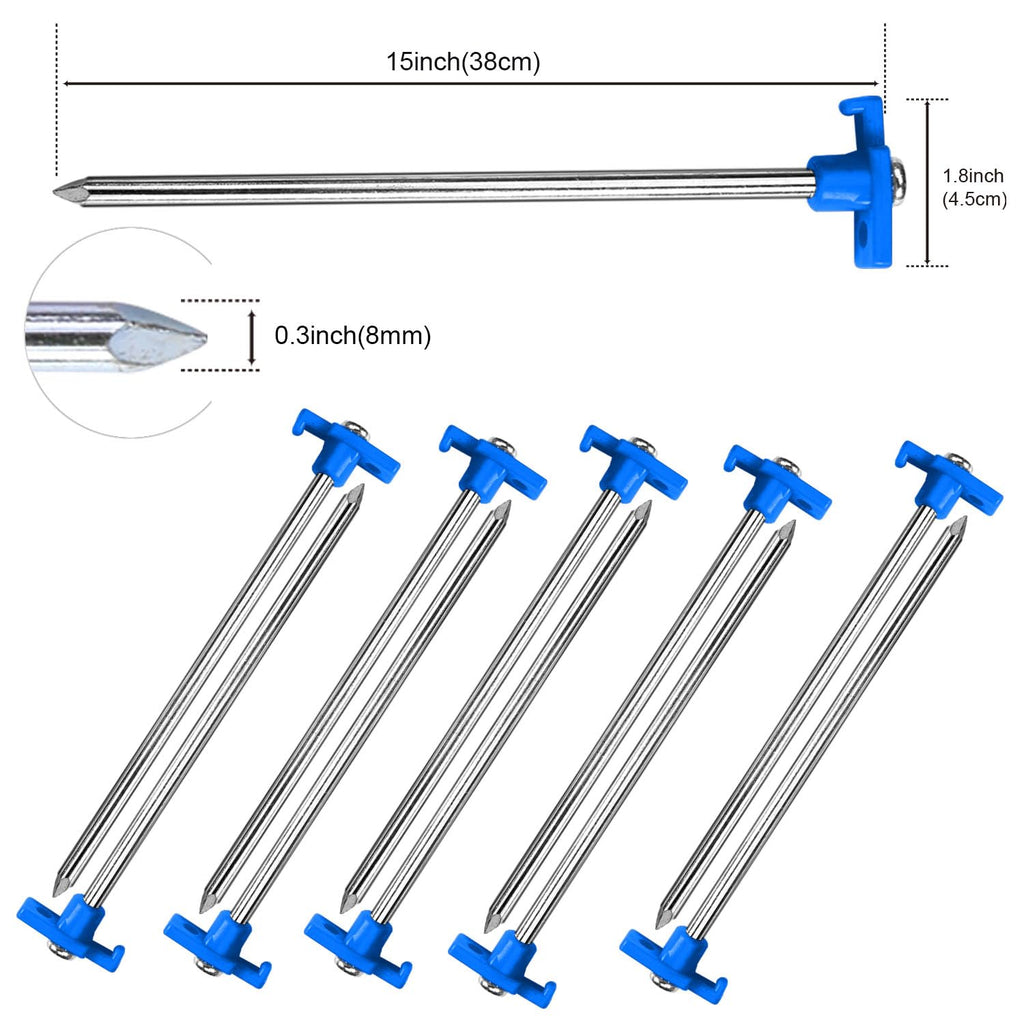 Abccanopy 15 Inch Tent Stakes 10 Pcs Non-Rust Metal Ground Anchors, Heavy Duty Spikes With 4 Ropes For Outdoor Camping, Blue