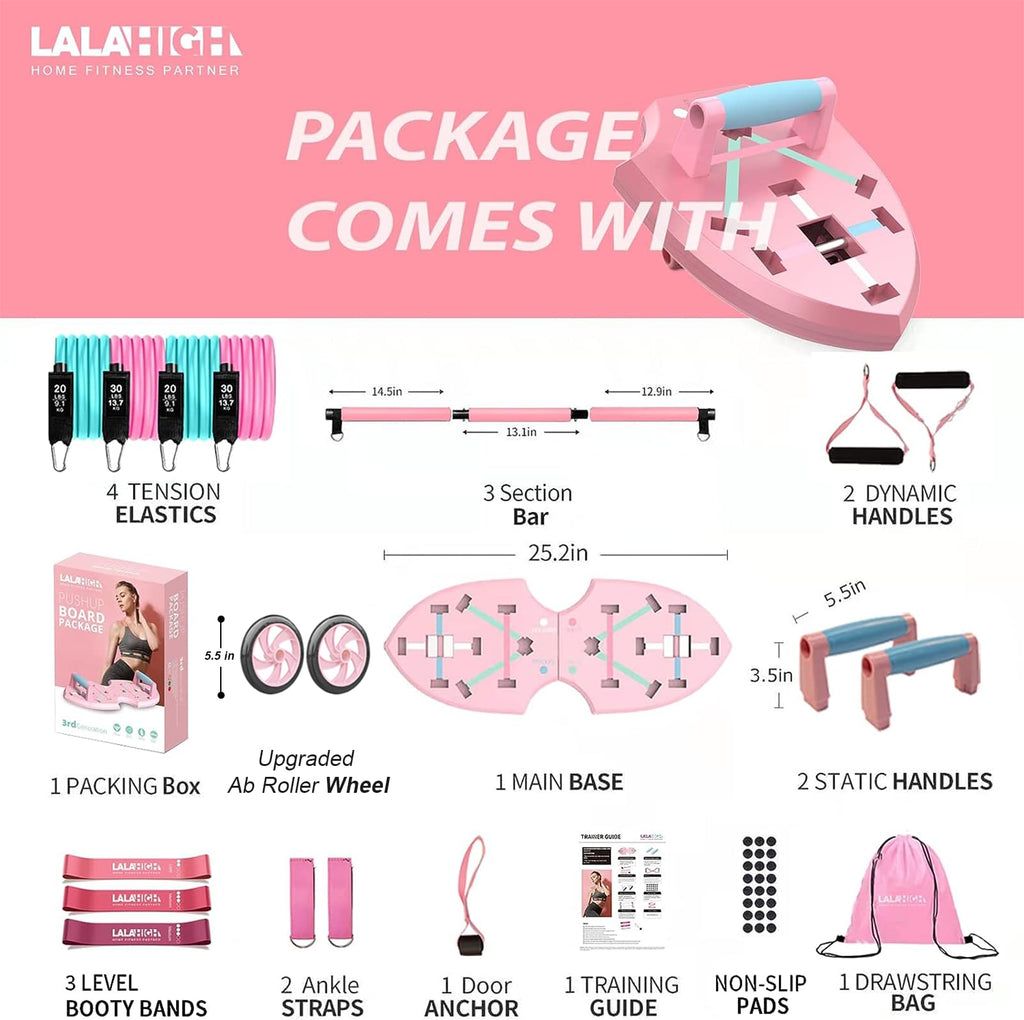 Lalahigh Home Workout Equipment For Women, Multifunction Push Up Board, Portable Home Gym System With Resistance Bands,Ab Roller