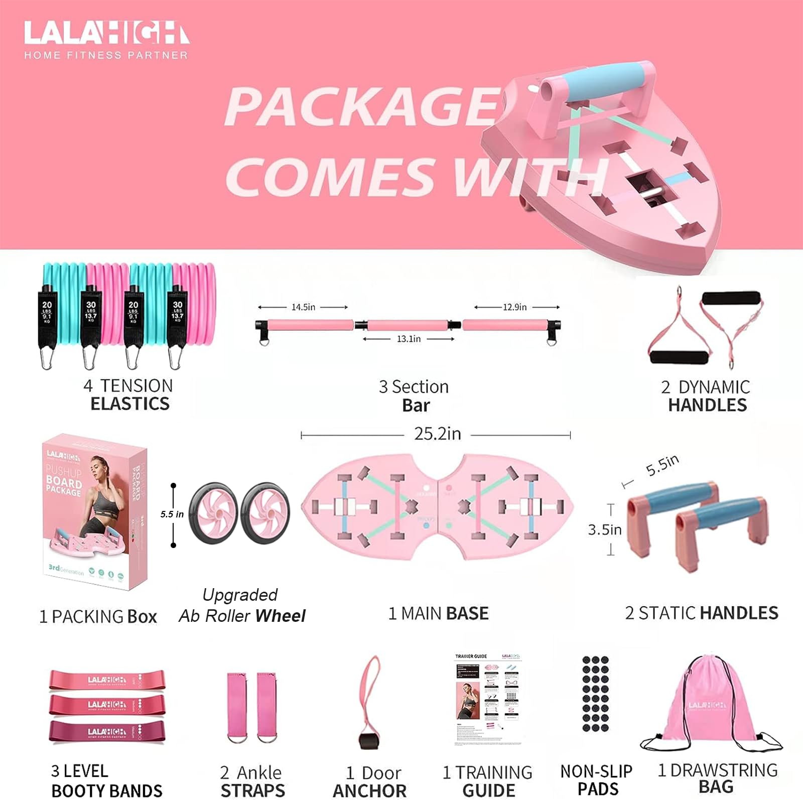 Lalahigh Home Workout Equipment For Women, Multifunction Push Up Board, Portable Home Gym System With Resistance Bands,Ab Roller