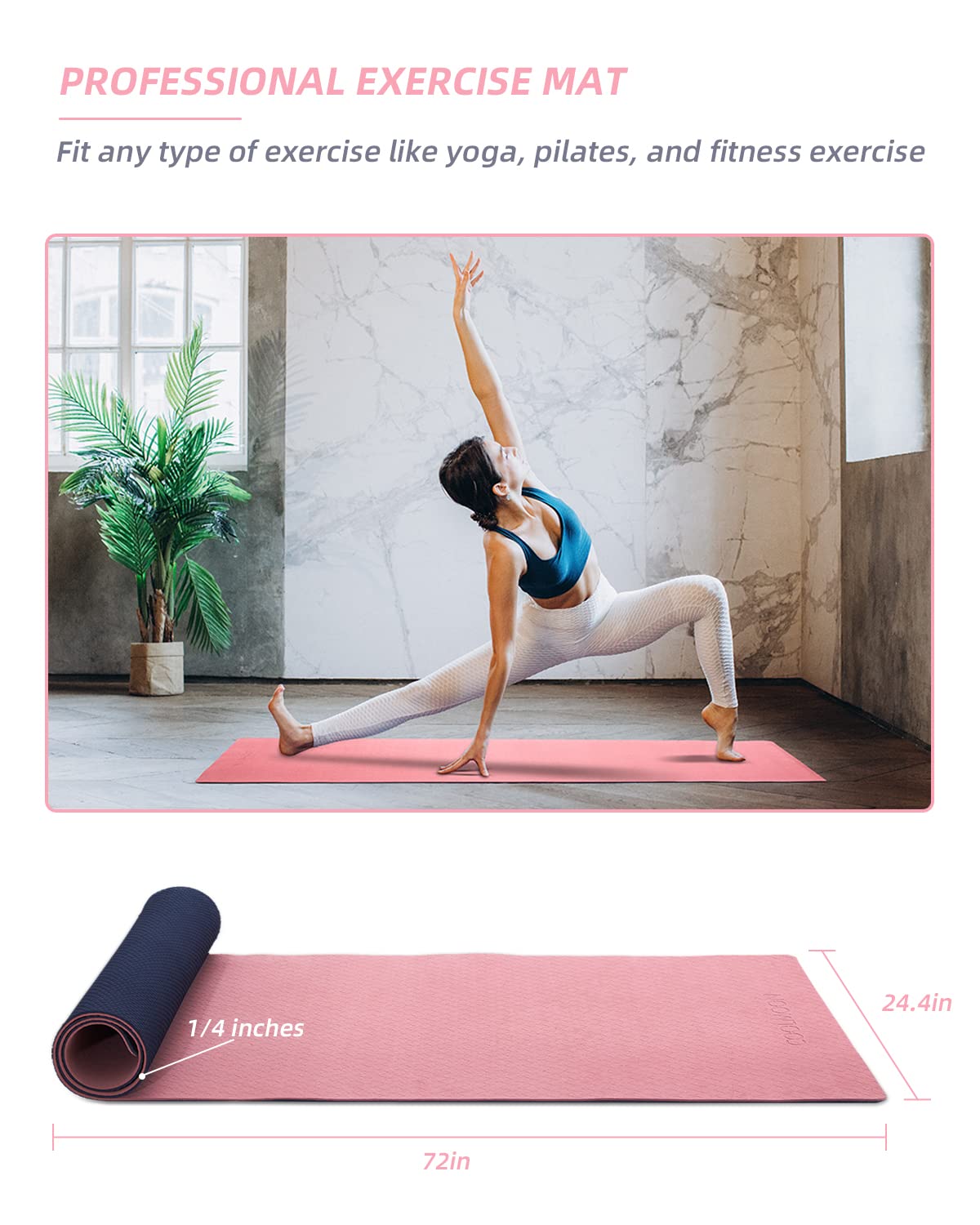 Coolmoon 1/4 Inch Extra Thick Yoga Mat Double-Sided Non Slip,Yoga Mat For Women And Men,Fitness Mats With Carrying Strap,Eco Fri
