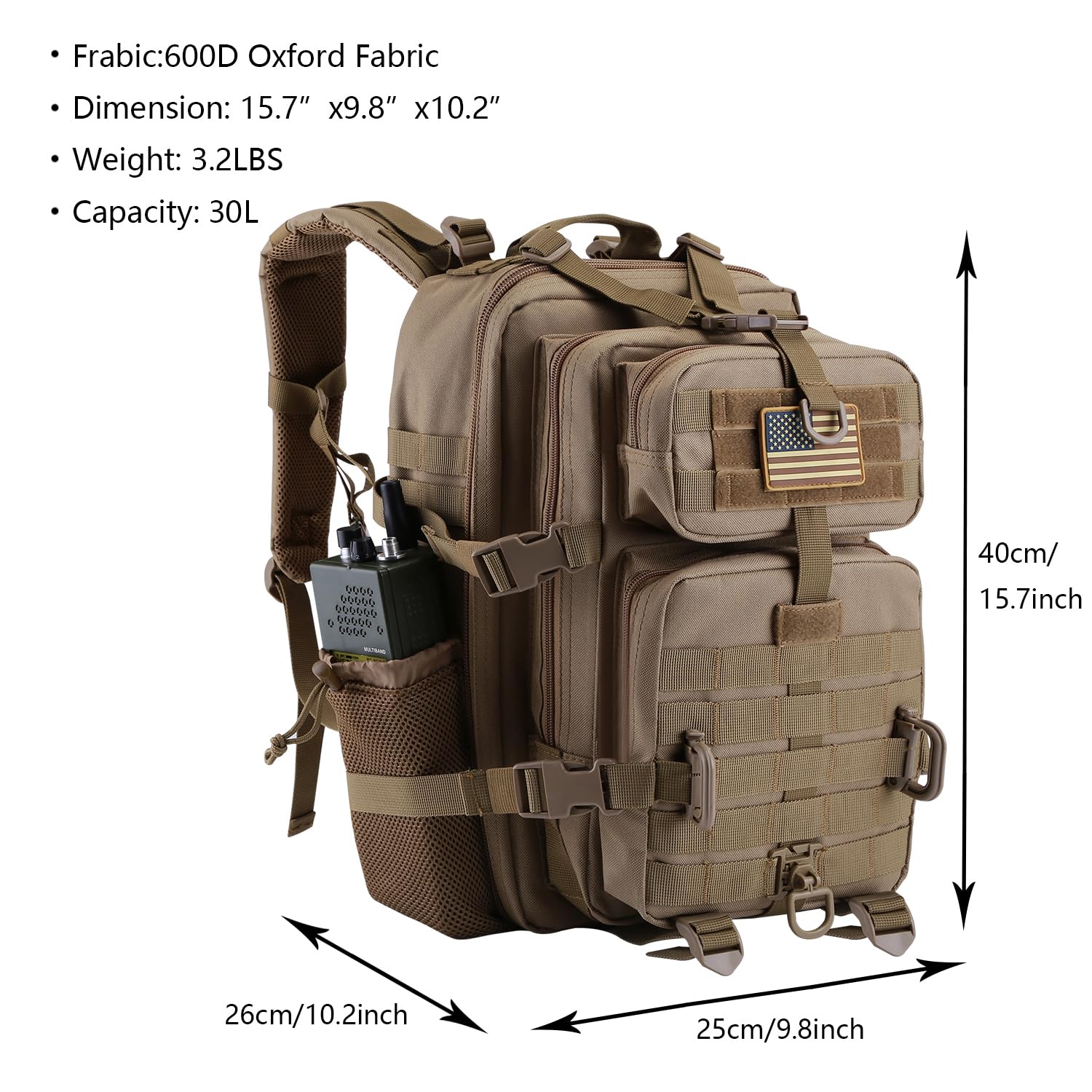 Hannibal Tactical 30L Molle Assault Pack, Tactical Backpack Military Army Camping Rucksack With Bottle Holder, 3-Day Pack, Khaki