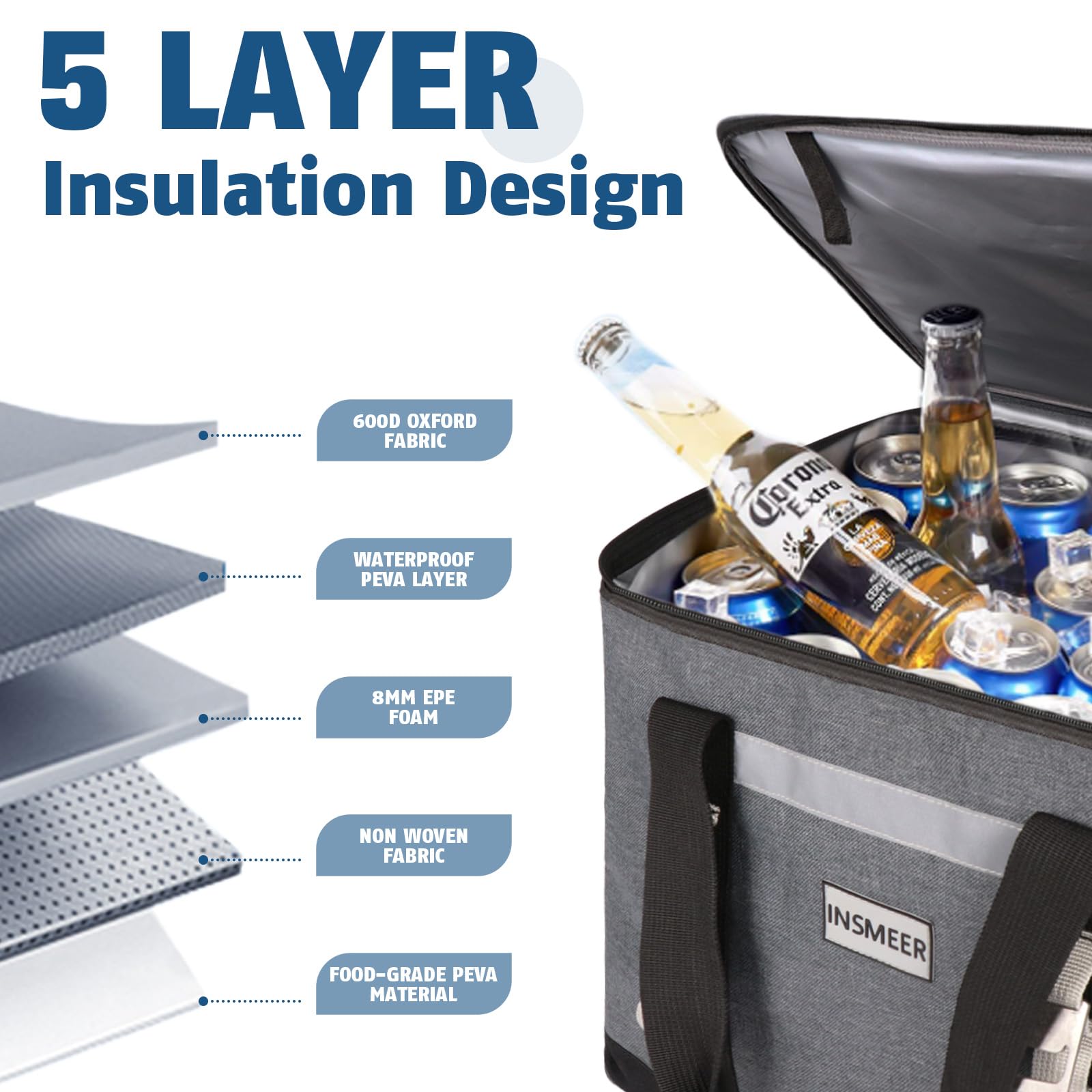 Insmeer Insulated Cooler Bag 65Cans/32 Cans Large Cooler Bag Soft Sided Cooler With Shoulder Strap, Collapsible Leakproof Portab