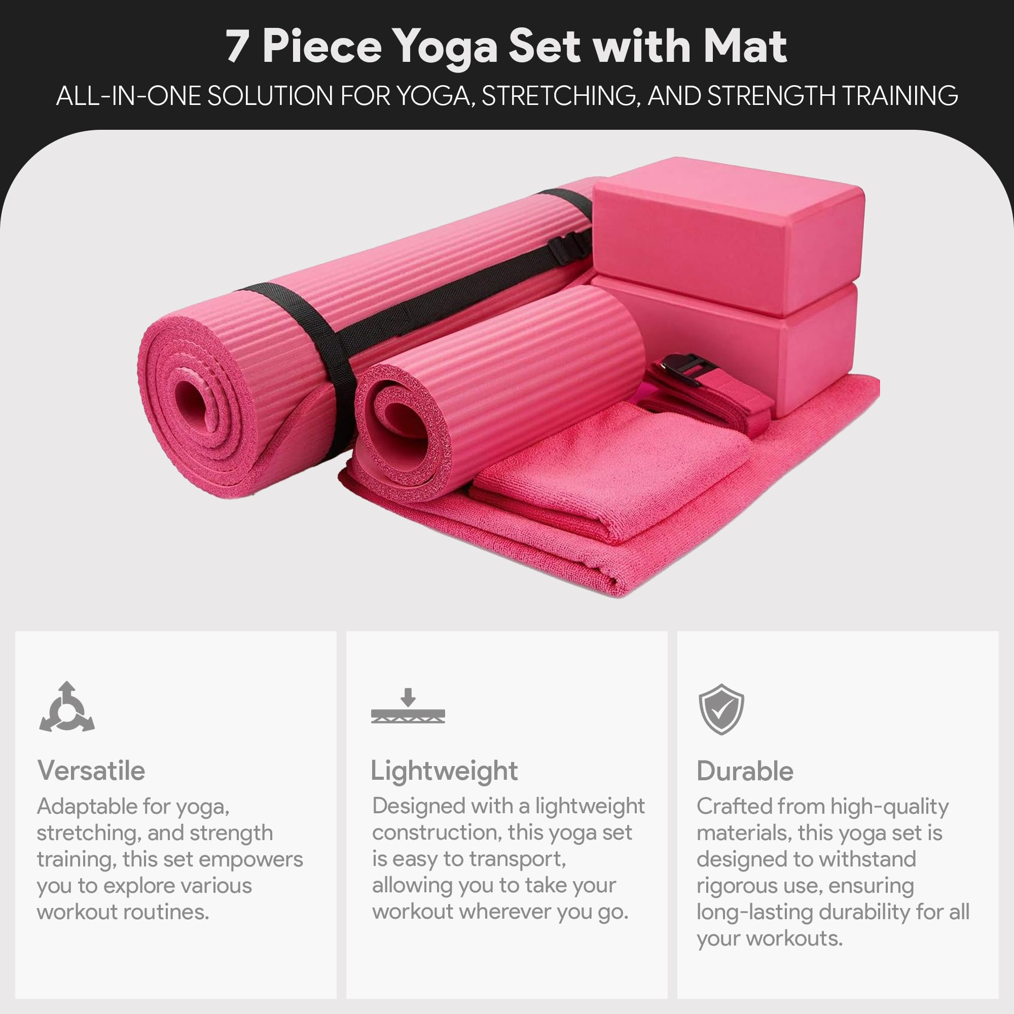 Balancefrom 7 Piece Yoga Set, With Mat & Towel, Home Workout Equipment, Pink