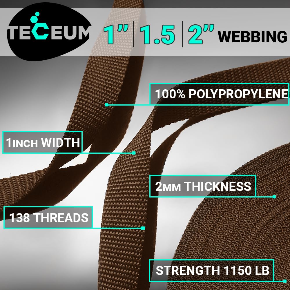 Teceum 2 Inch Webbing - Brown - 25 Yards - 2    Heavy-Duty Wide Webbing For Climbing Outdoors Indoors Crafting Diy