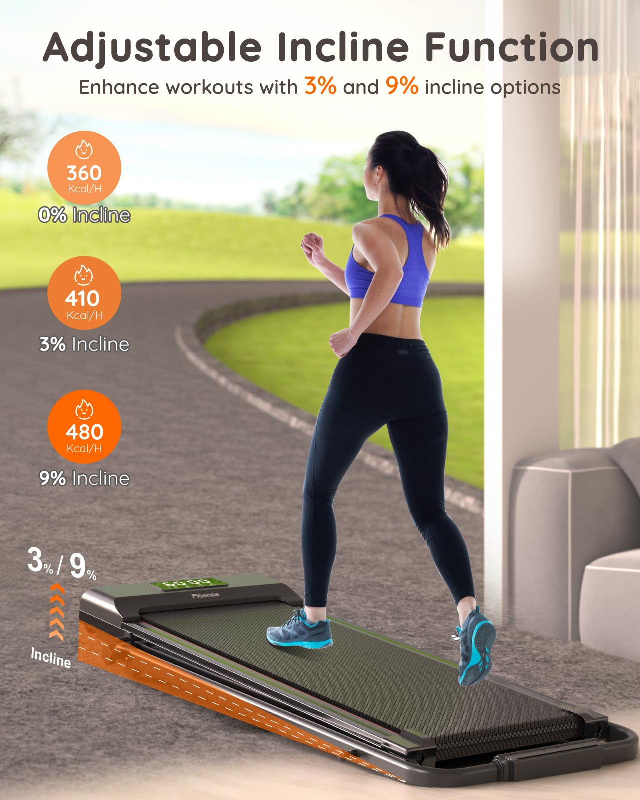 Walking Pad Treadmill With Incline 3%/9%, 2.5 Hp Under Desk Treadmills For Home Small Office With Handle Bar, 265Lbs Foldable Po