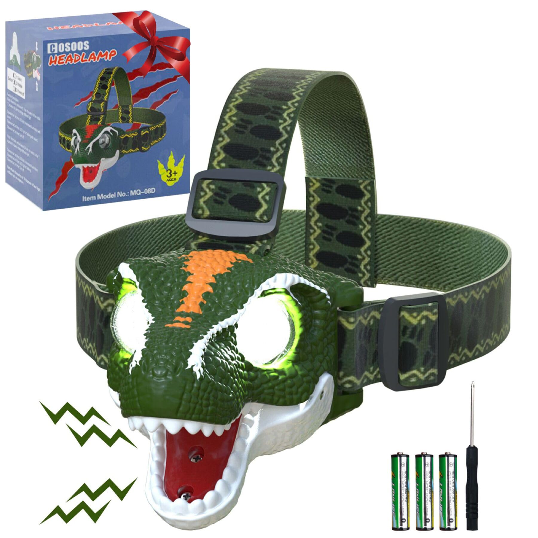 COSOOS LED Headlamp for Kids Flashlight Camping Gear, Roar & Silent Mode, Outdoor Head Lamp for Boy Girl, 3.4oz Lightweight Head