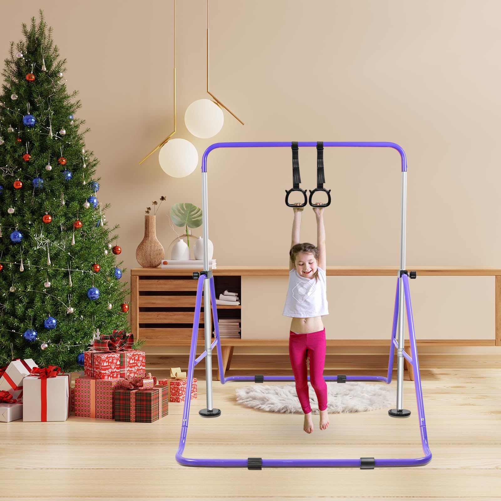 Beeyeo Gymnastic Bars, Folding Horizontal Bars With Rings, Adjustable Height Junior Training Bar Gymnastics Equipment For Home
