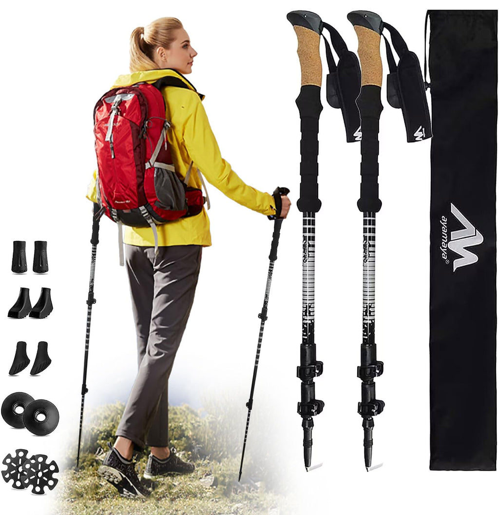 Carbon Fiber Trekking Poles -Ayamaya Collapsible Lightweight Hiking Walking Sticks With Natural Cork Grips, Quick Locks 4 Season