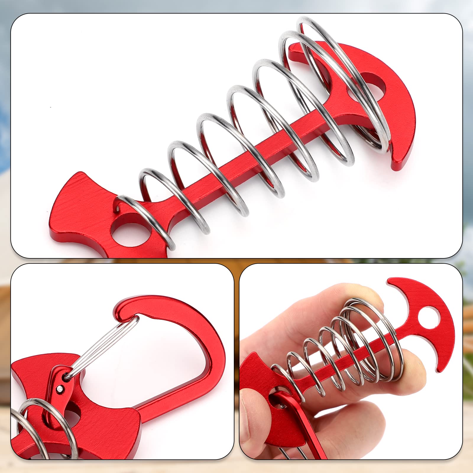 Tobwolf 10Pcs Red Deck Anchor Pegs With Carabiners, Windproof Aluminum Deck Tie Down Spring Tent Stakes, Camping Outdoor Fishbon