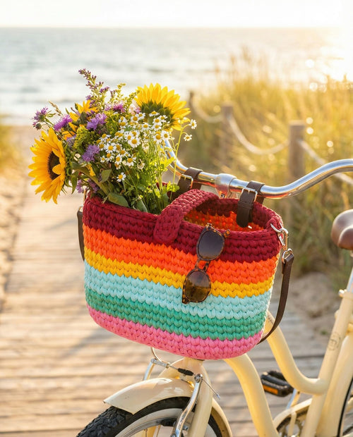 ANOME Rainbow Crochet Bike Basket for Adults & Kids - Boho Woven Handlebar Bag & Crossbody Purse - Cute 90s Retro Aesthetic Acce