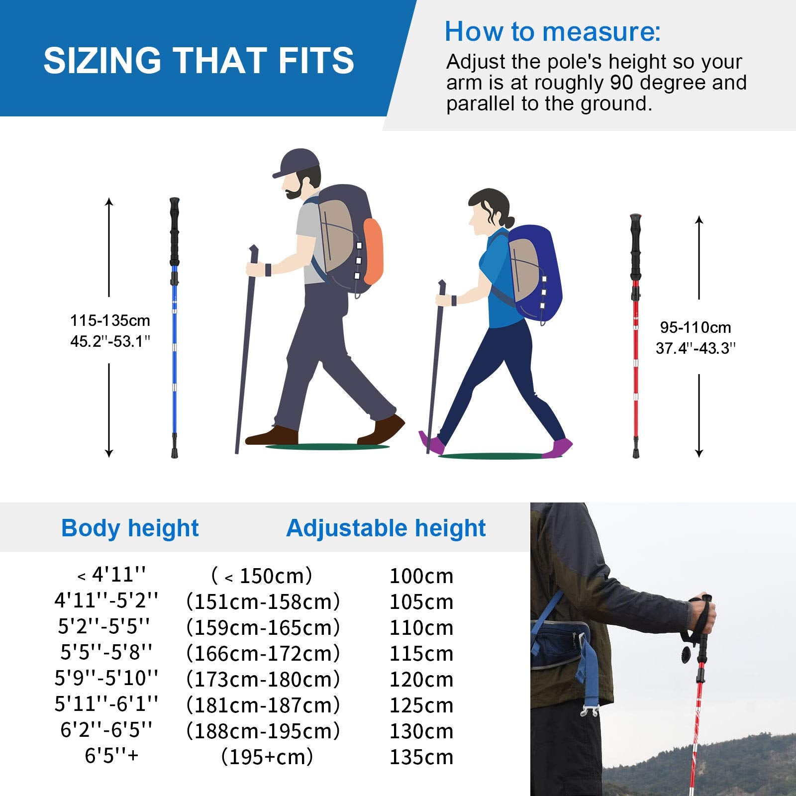 Bisinna Collapsible Trekking Hiking Poles- 2 Pack Folding Aluminum Walking Sticks With Quick Lock System 4 Season Accessories,Te