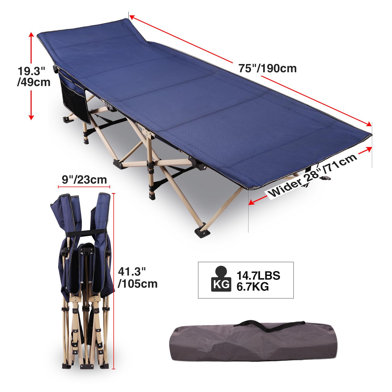 Redcamp Folding Camping Cots For Adults Heavy Duty, 28 Extra Wide Sturdy Portable Sleeping Cot For Camp Office Use, Blue