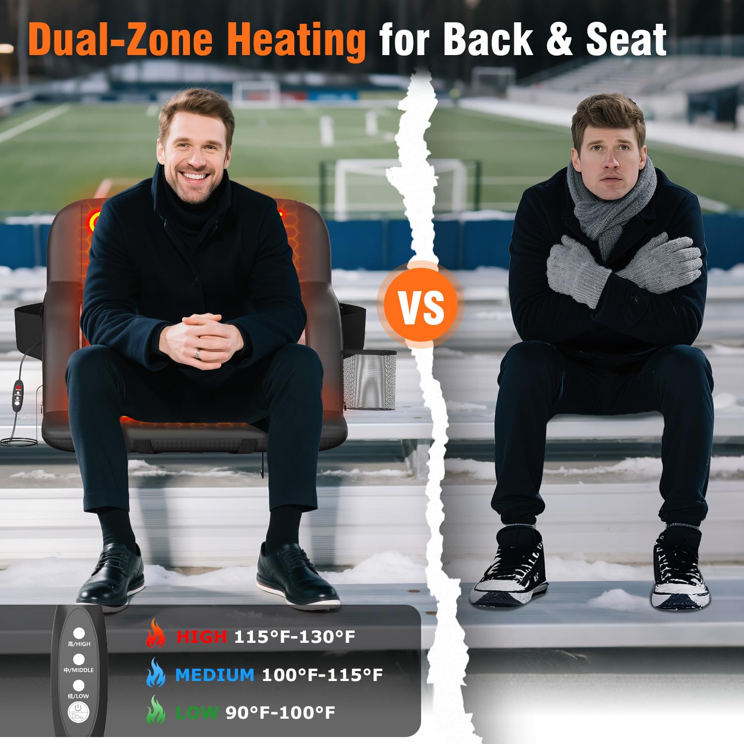 Suteck Dual-Side Heated Stadium Seat With Back Support, 23 Wide Cushion, Foldable Bleacher Chair W/Usb 3-Level Heating, 5 Storag