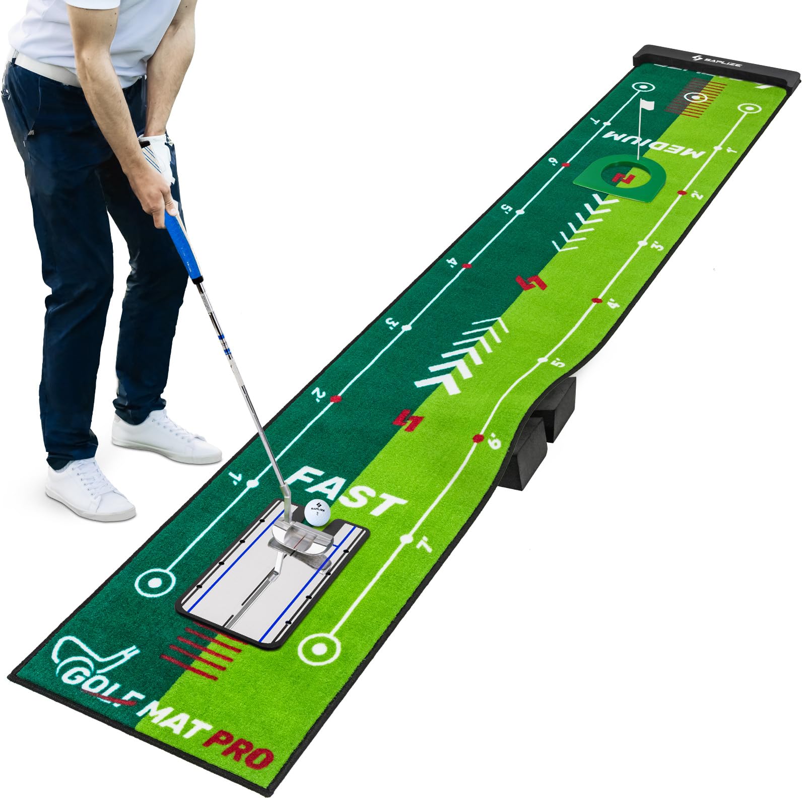 Saplize Two-Speed Golf Putting Practice Mat With Putting Alignment Mirror, 20 In X 10 Ft Putting Training Aid Mat, Anti-Slip Bac