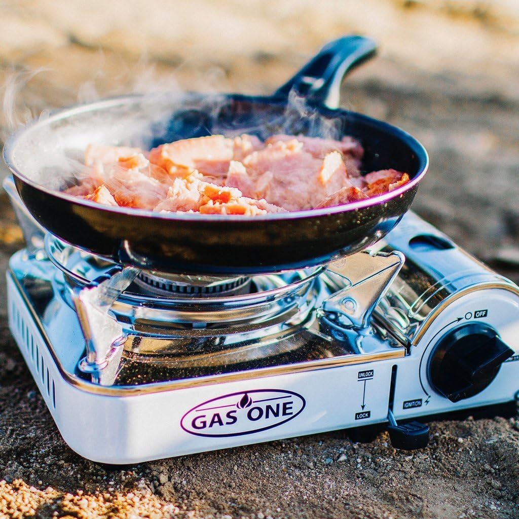Gas One Gs-800A Emergency Gear Camping Mini Butane Portable Gas Stove With Carrying Case, Stainless Steel, White