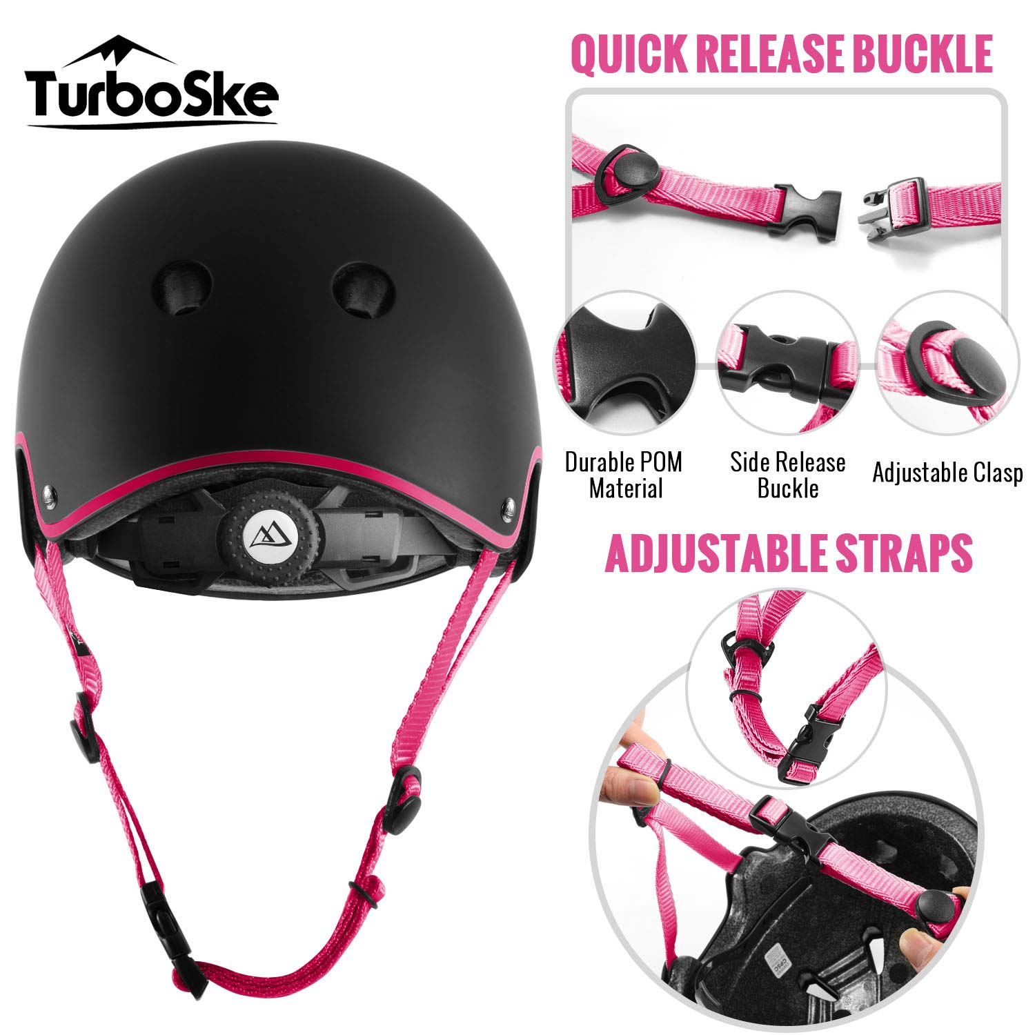 Turboske Skateboard Helmet, Bmx Helmet, Multi-Sport Helmet, Bike Helmet For Kids, Youth, Men, Women (Black&Pink, L/Xl (22.8''-24