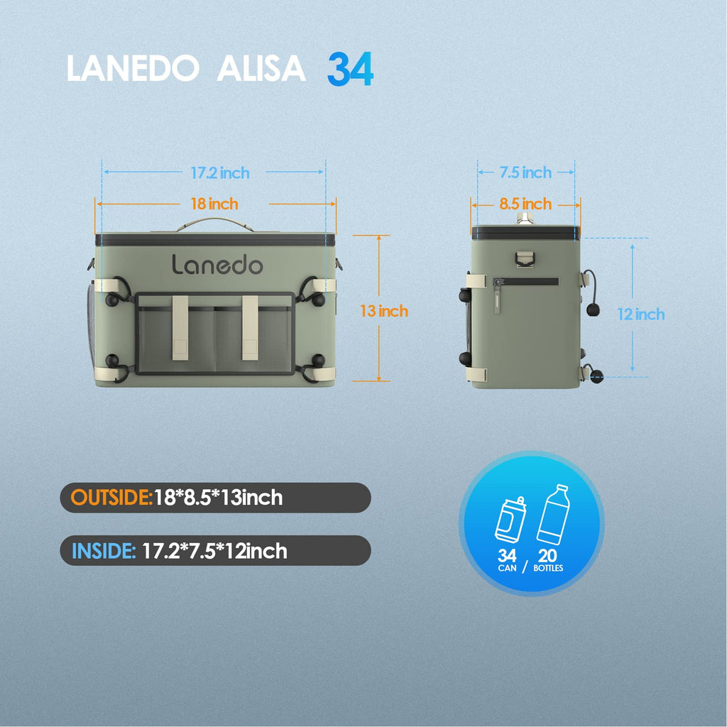Lanedo 34-Can Multi-Functional Collapsible Soft-Sided Cooler - Leak-Proof Beach Cooler, Portable Ice Chest, And Travel, Food Sho
