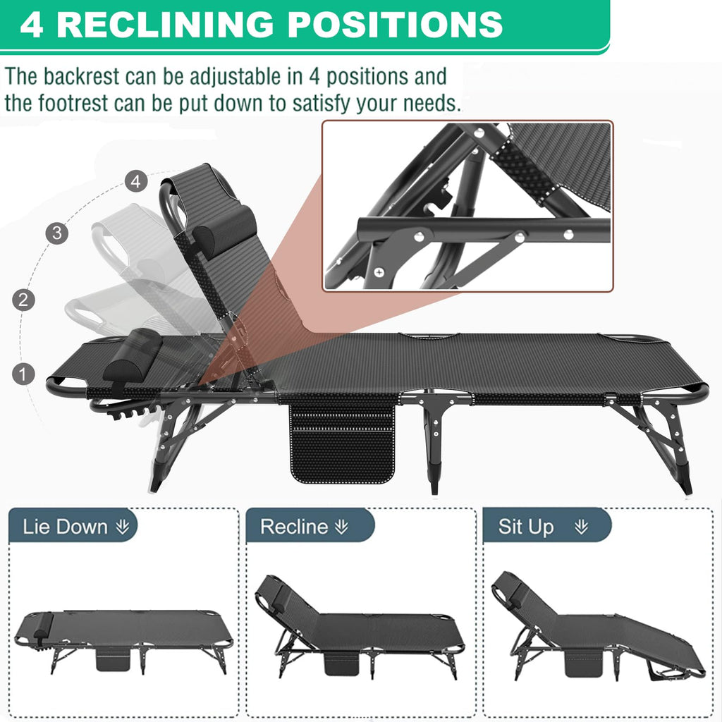 Portable Folding Camping Cot, Adjustable 4-Position Adults Reclining Chaise With Pillow, Outdoor Lounge Chair Sleeping Cots Bed,