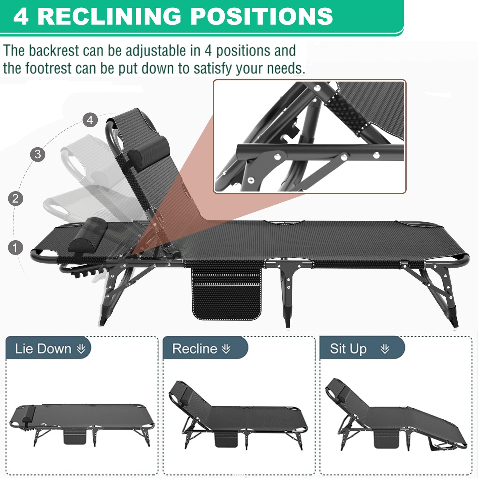 Portable Folding Camping Cot, Adjustable 4-Position Adults Reclining Chaise With Pillow, Outdoor Lounge Chair Sleeping Cots Bed,