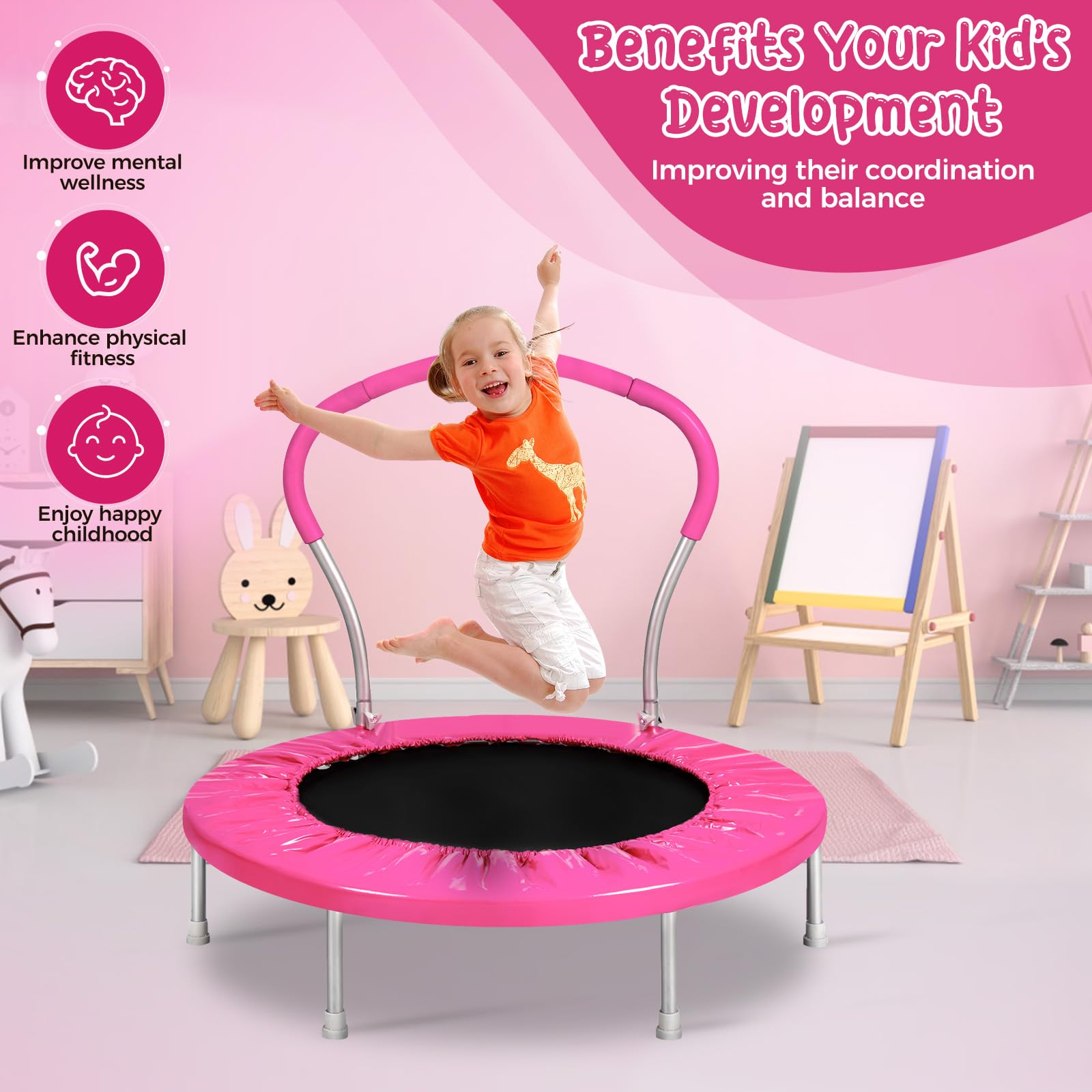 Lyromix 36 Inch Mini Trampoline for Kids, Indoor Toddler Rebounder Trampoline with Handle, Pink