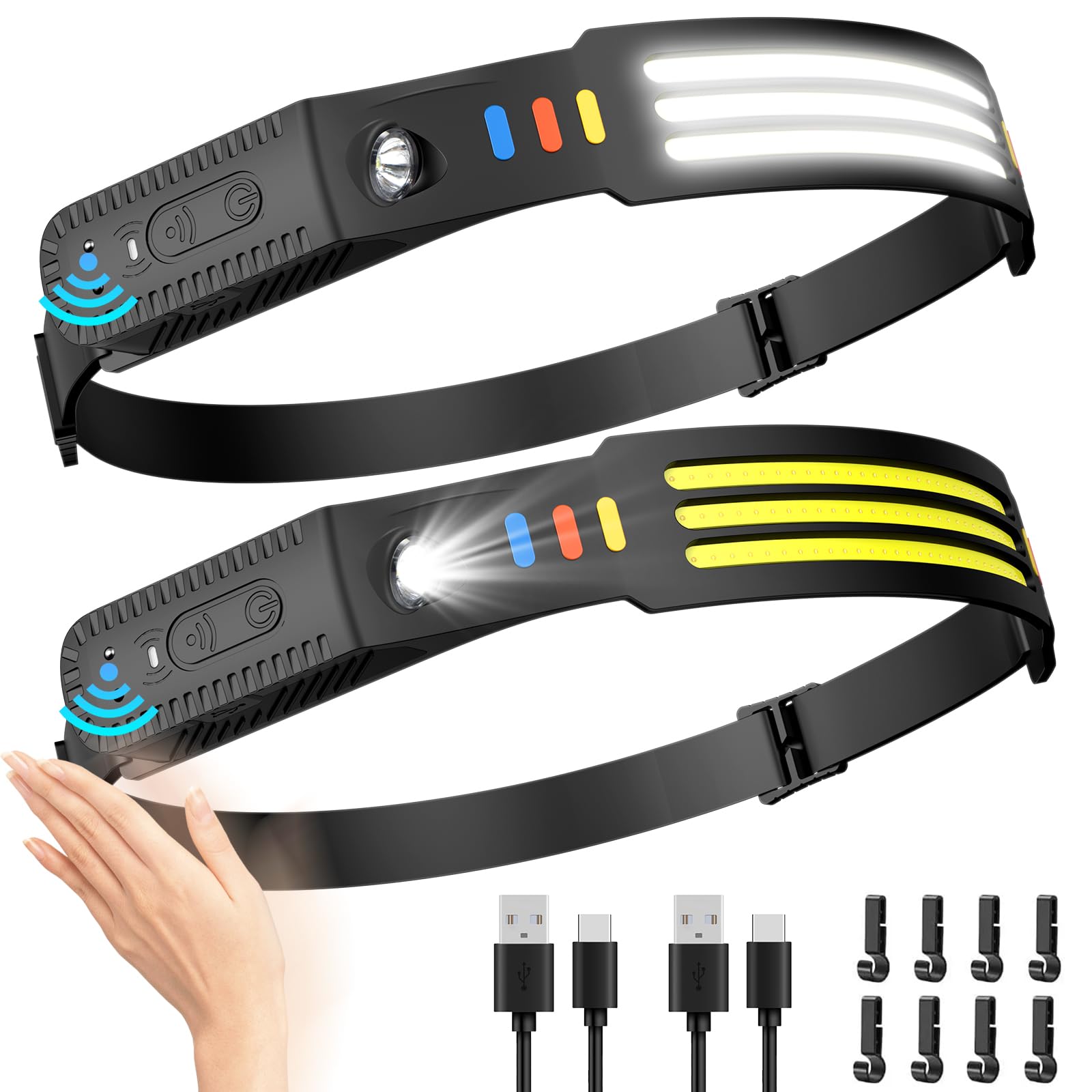 Lsnisni Headlamp Rechargeable 2Pack, 230Wide Beam Head Lamp LED, Head Flashlight with Motion Sensor, 5 Mode Head Lights for Fore