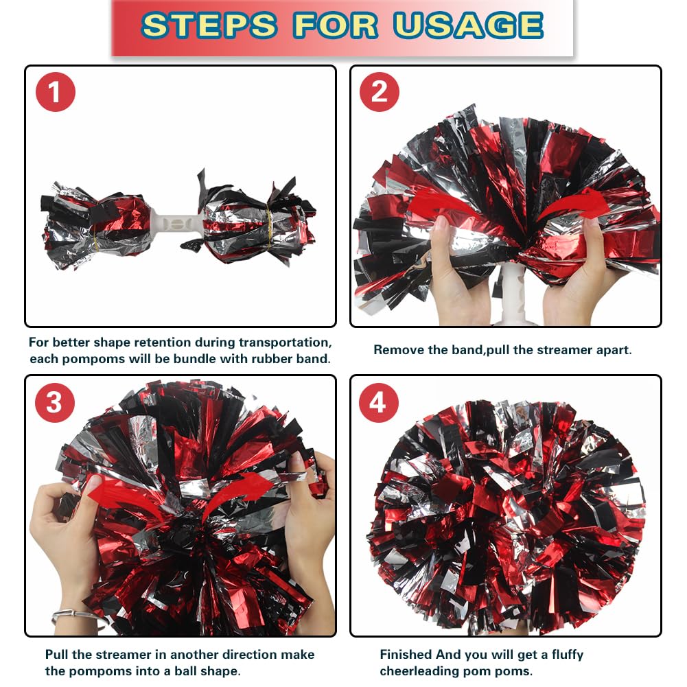 Lovecheer 2Pcs Pom Poms Cheerleading Black And Red And Silver Metallic Cheerleader Pom Poms With Handle For Dance Party Sports S