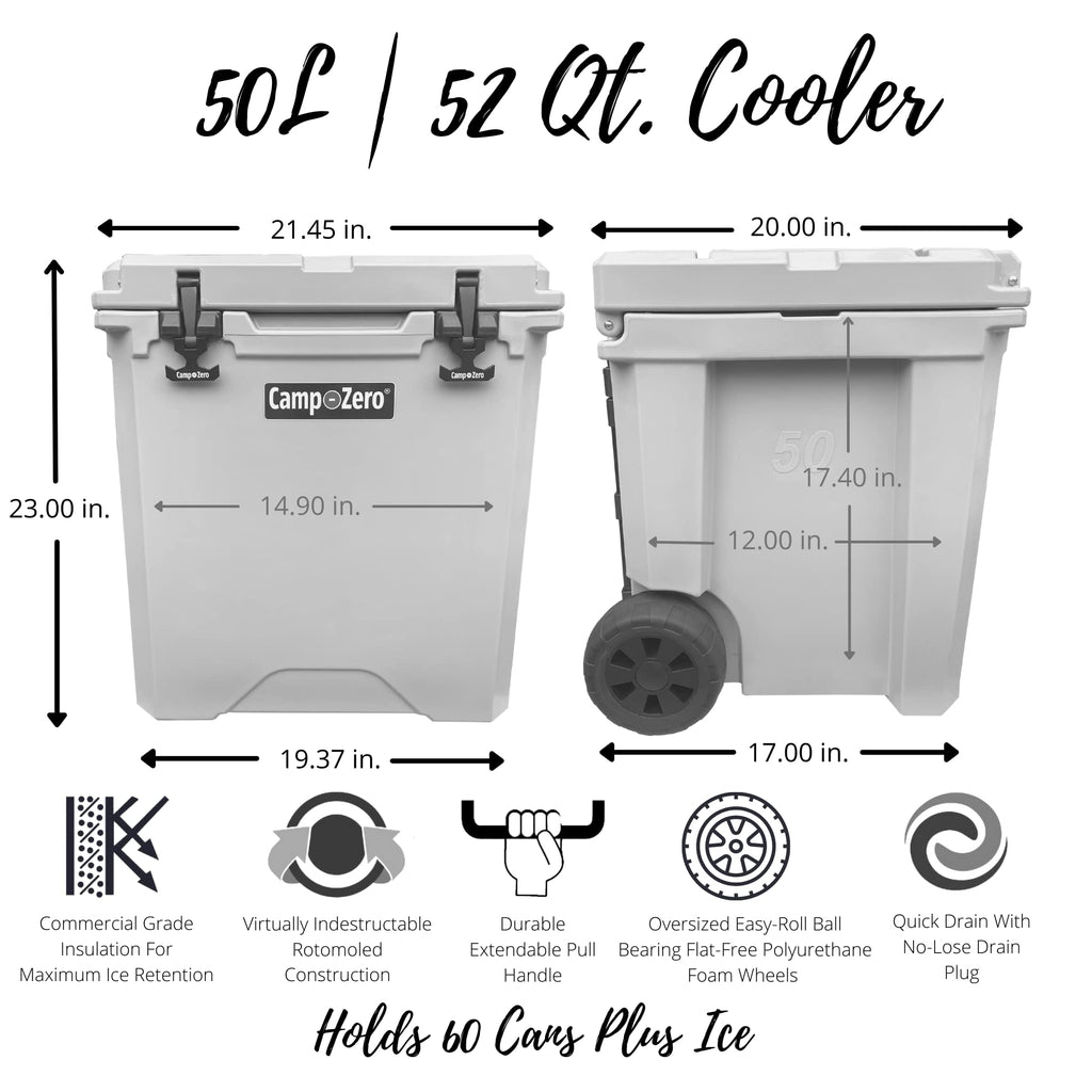 Camp-Zero 52 Quart Wheeled Cooler/Ice Chest With Extendable Handle & Oversized Flat-Free Easy-Roll Wheels  For Camping Trips, Be