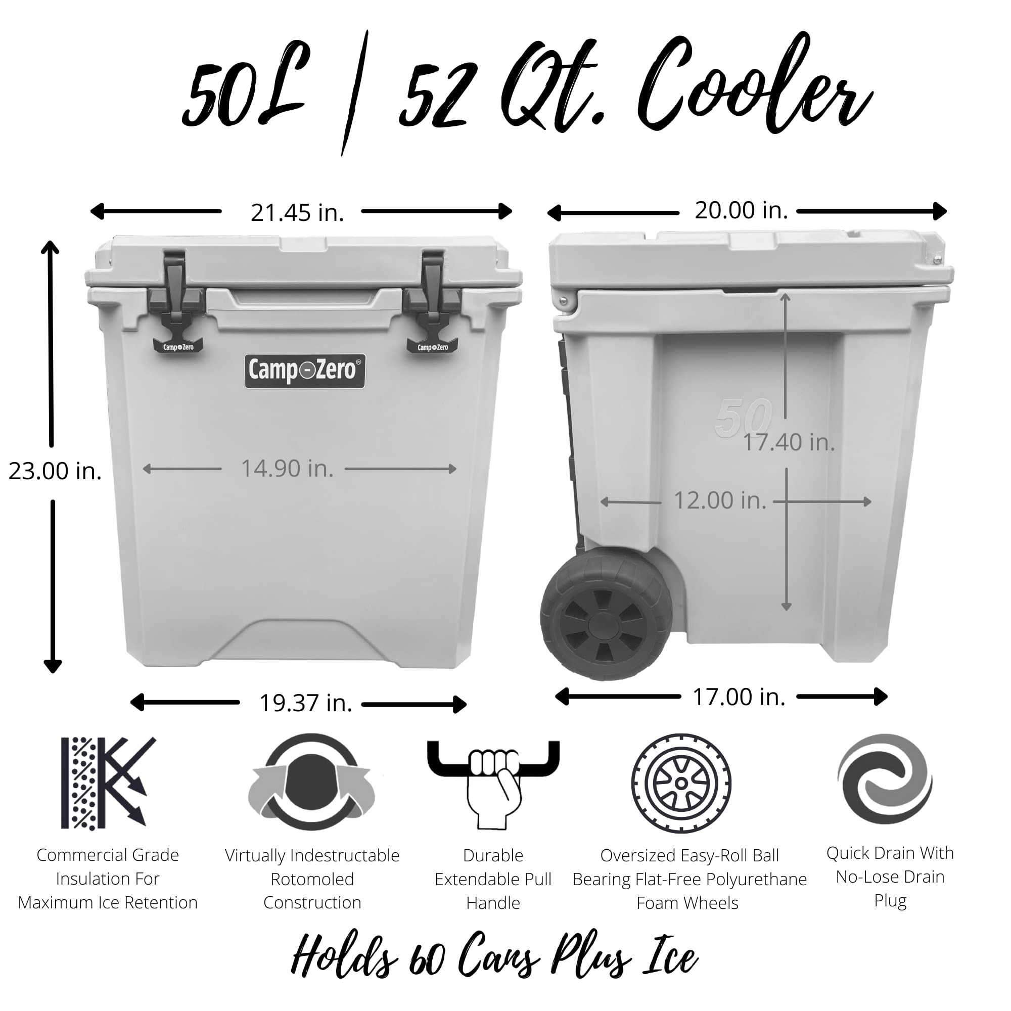 Camp-Zero 52 Quart Wheeled Cooler/Ice Chest With Extendable Handle & Oversized Flat-Free Easy-Roll Wheels  For Camping Trips, Be