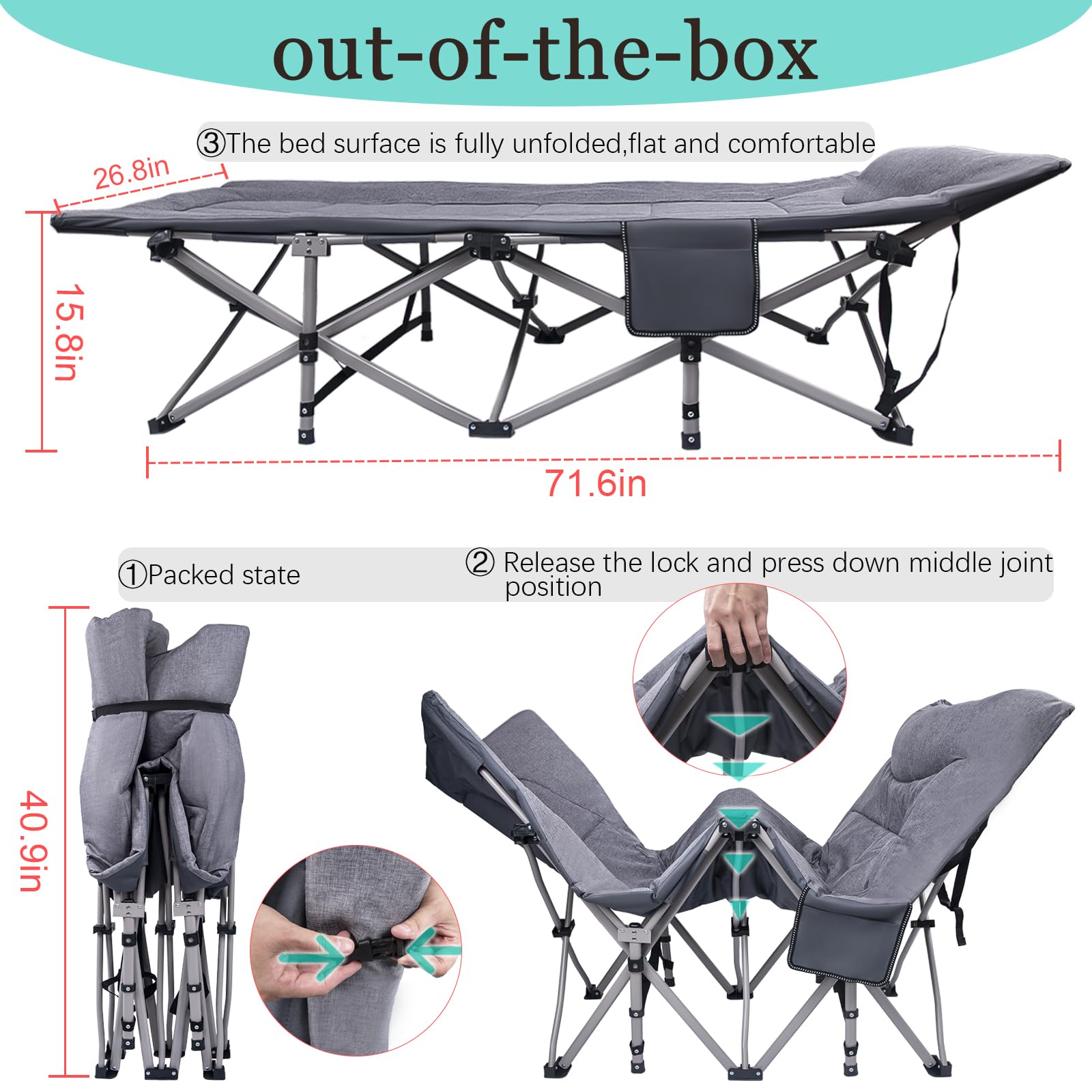Kako Camping Cots For Adults, Folding Camping Cot, Portable Cots For Adults, Camping Beds For Adults Heavy Duty 600 Lbs(Max Load