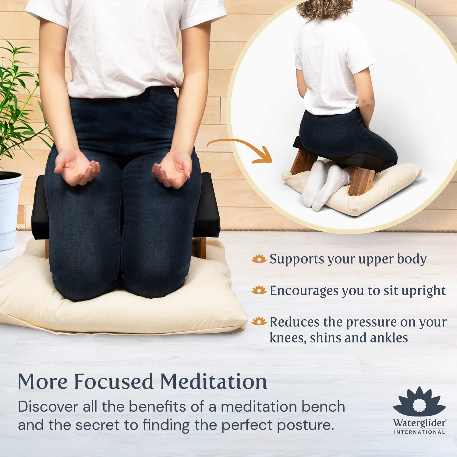 Waterglider International Meditation Bench (Nat. White), Seiza, Sustainable Acacia Wood With Curved Bottom Edges For The Perfect