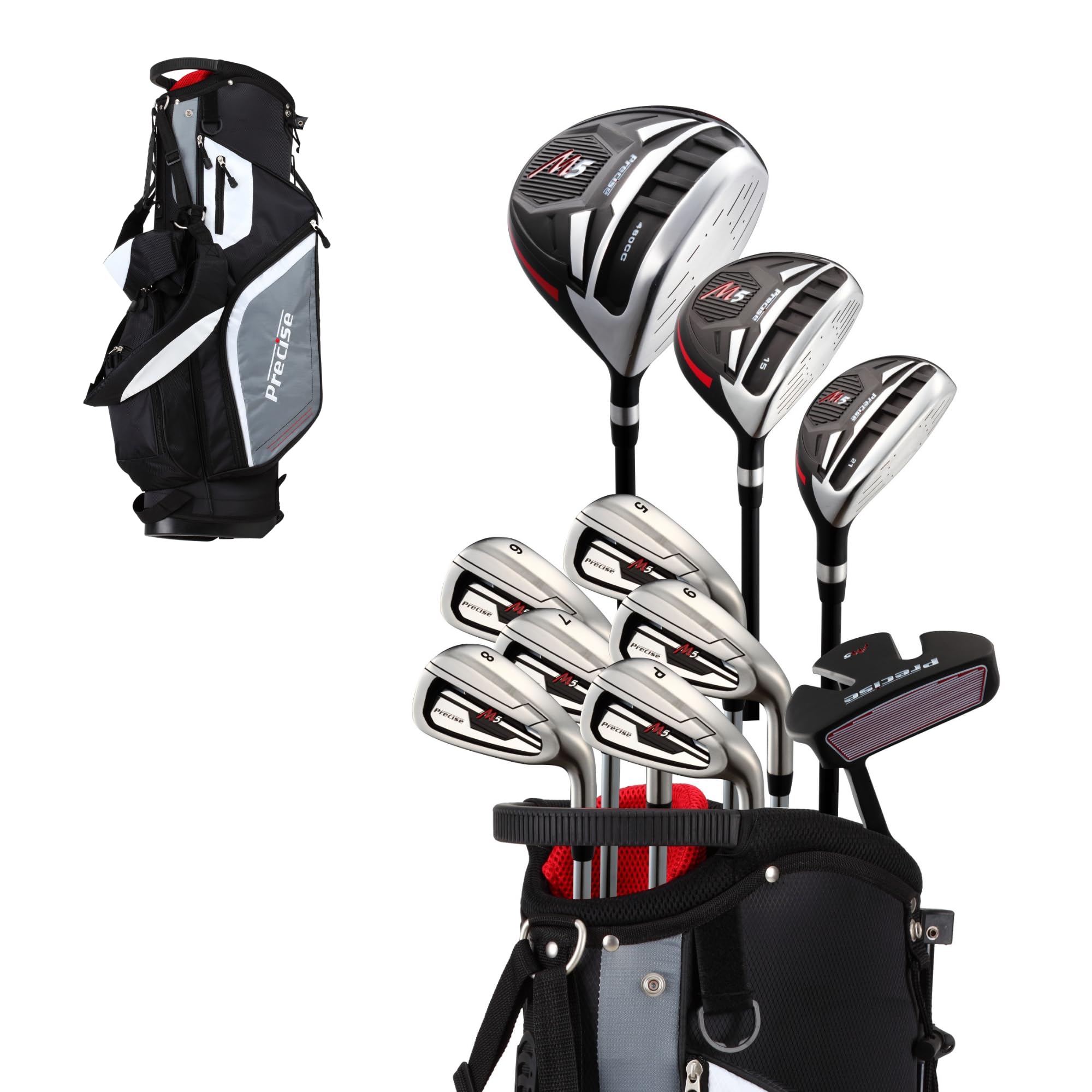 Precise M5 Mens Golf Set - Driver, Wood, Hybrid, 5-PW Irons, Putter, Stand Bag and 3 Headcovers - All Graphite Shafts - RH/LH, R