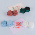 Smileshe Ring Box, Velvet Jewelry Boxes For Proposal Engagement Wedding Ceremony, Hexagon Mini Double Ring Slot Bearer Case With