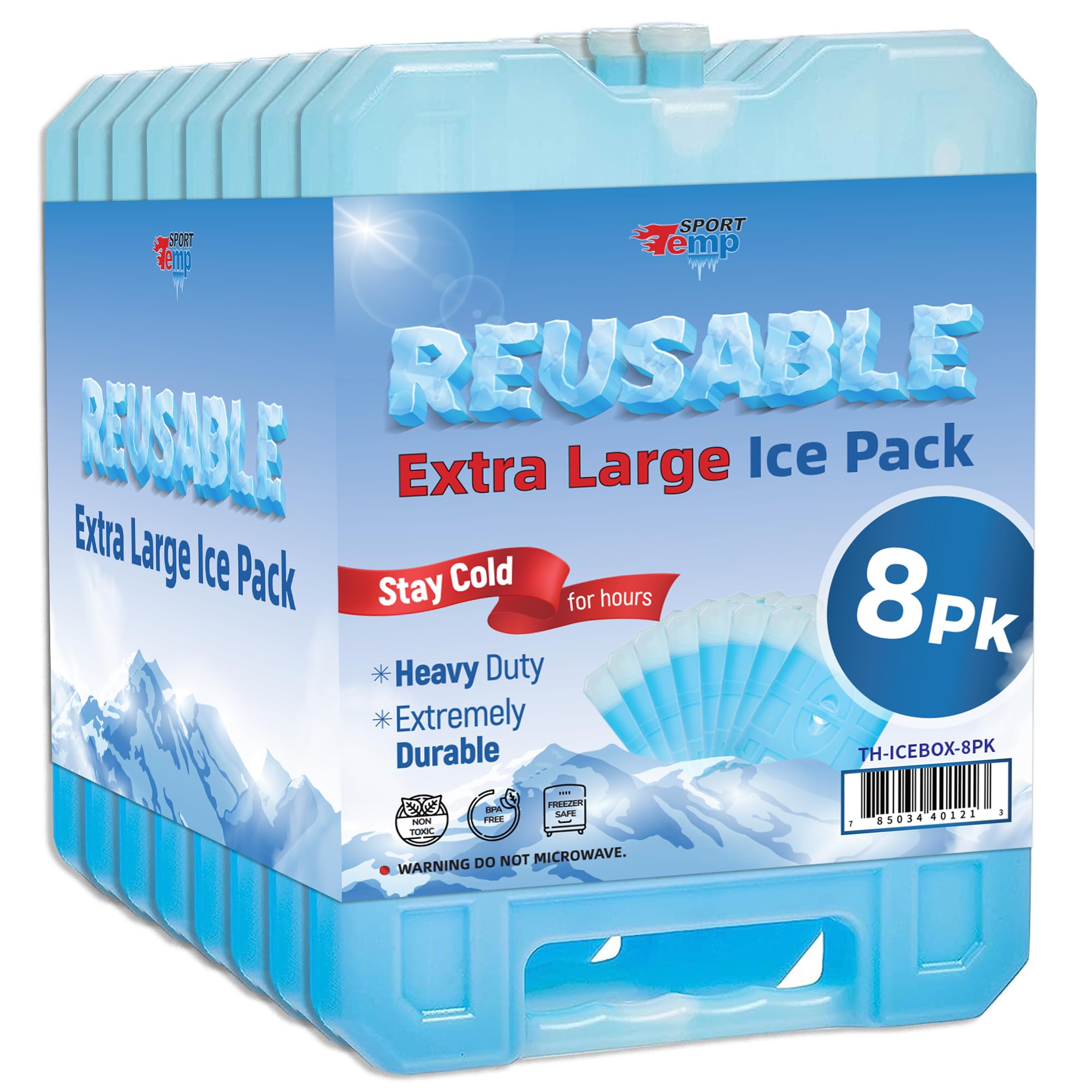 Sport Temp Reusable X-Large Ice Pack (8 Pack) Long Lasting - Perfect For Keeping Food Or Beverages Cold, Coolers, Camping, Beach