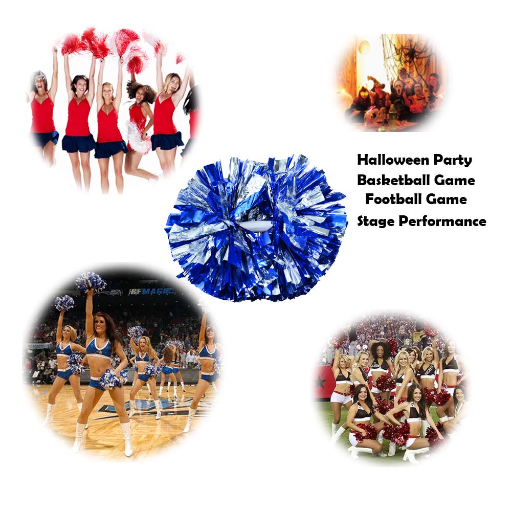 Hooshing 2 Pack Pom Poms Cheerleading Blue And Silver Pompoms With Baton Handle For Team Sports Spirit Dance Cheering