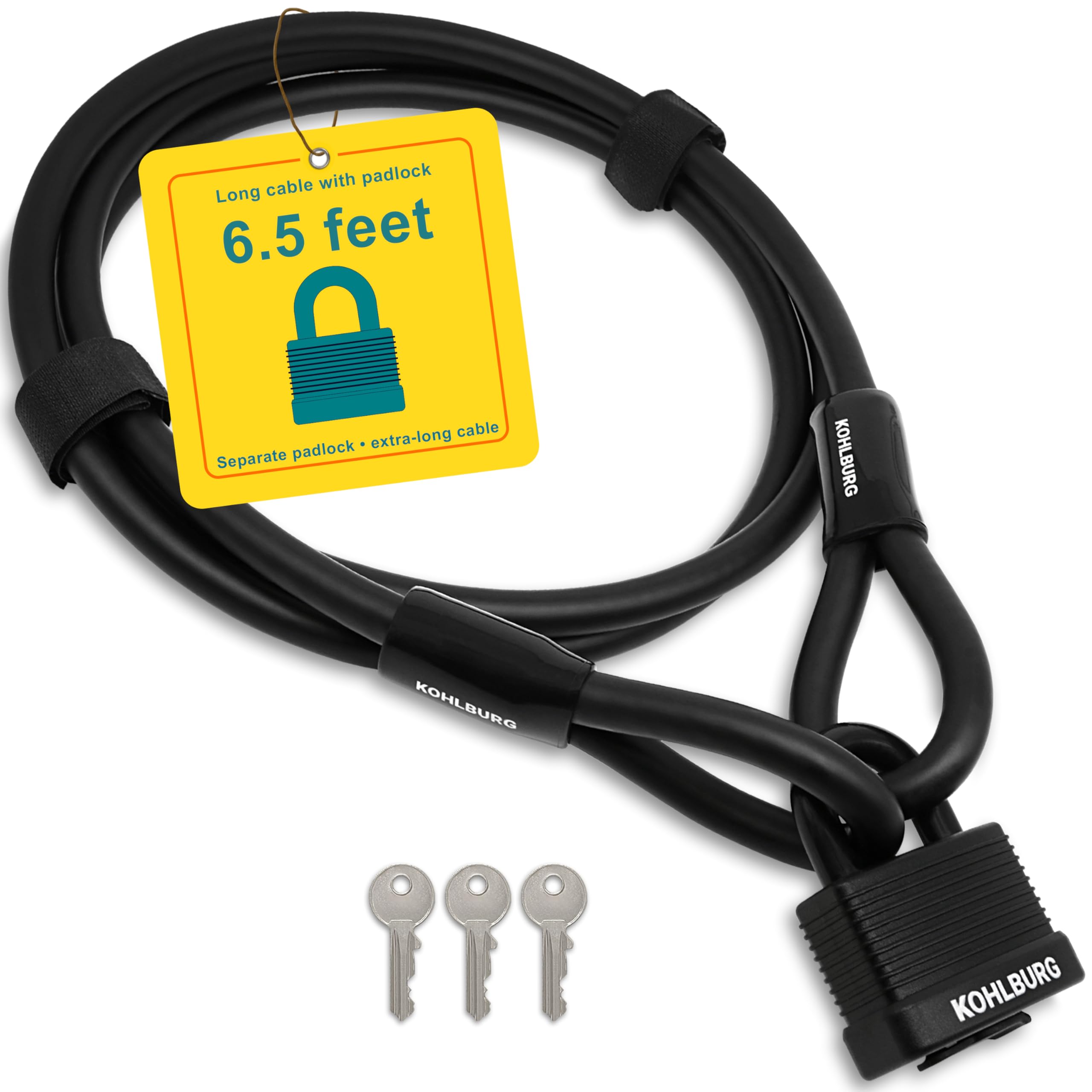 KOHLBURG Cable Lock - 6.5 Feet / 2 Meters Long - Key Lock with Easy Click Closure - 2m Loop Cable for Bikes & Patio Furniture - 
