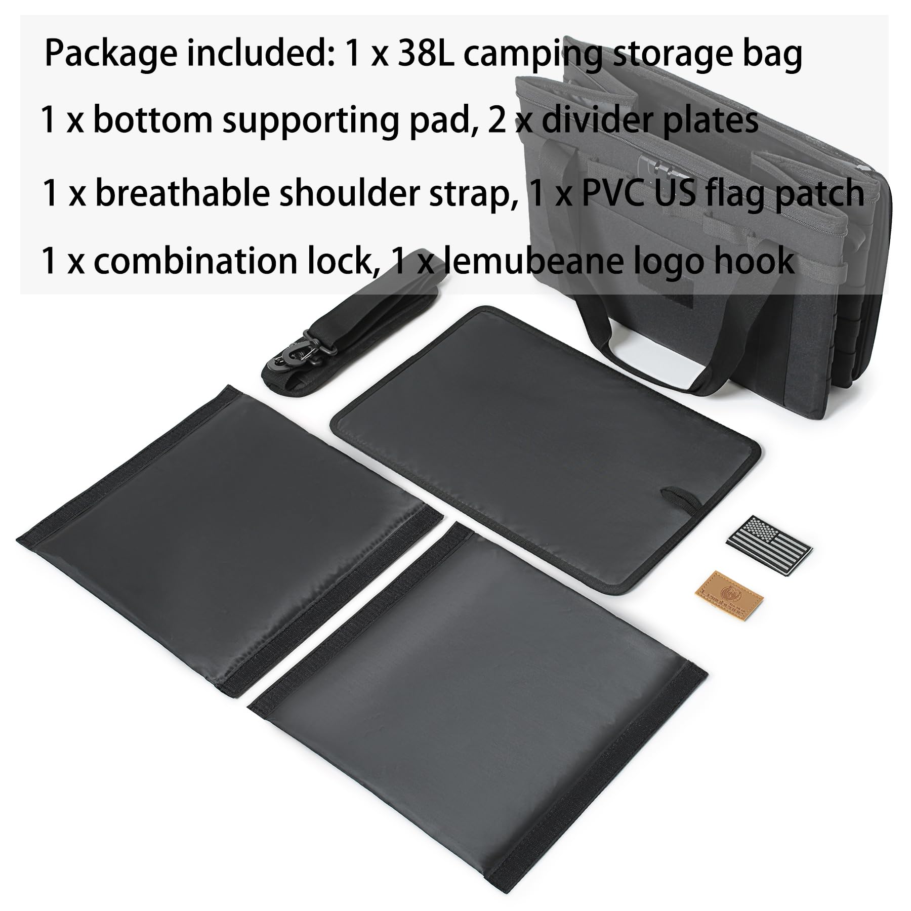 Lemubeane Tactical Camping Storage Bag - 38L Utility Tote Bag Organizer With Combination Lock And Shoulder Strap (Black, 38L)