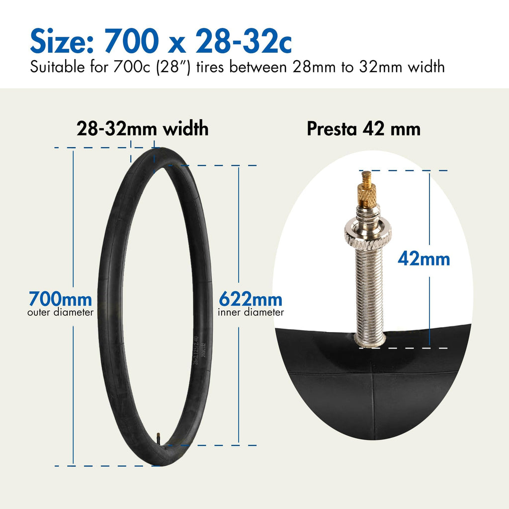 Lotfancy 700 X 28C/30C/32C Bike Tubes (2 Pack), 42Mm Presta Valve, 700C Bike Tire Tube, Plus 2 Nylon Plastic Tire Levers