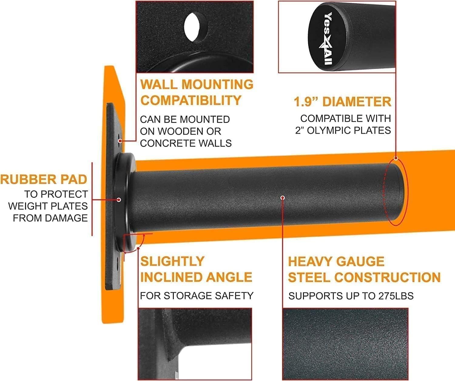 Yes4All Wall Mounted Weight Plate Holder - Fit 2Inch Olympic Weight Plates, Protective Rubber Pad (Single)