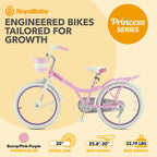 Royalbaby Princess Girl Children'S Bicycle Outdoor Ride-On Bike With Kickstand, Adjustable Seat, And Basket, 20 Inch, Bunny/Pink