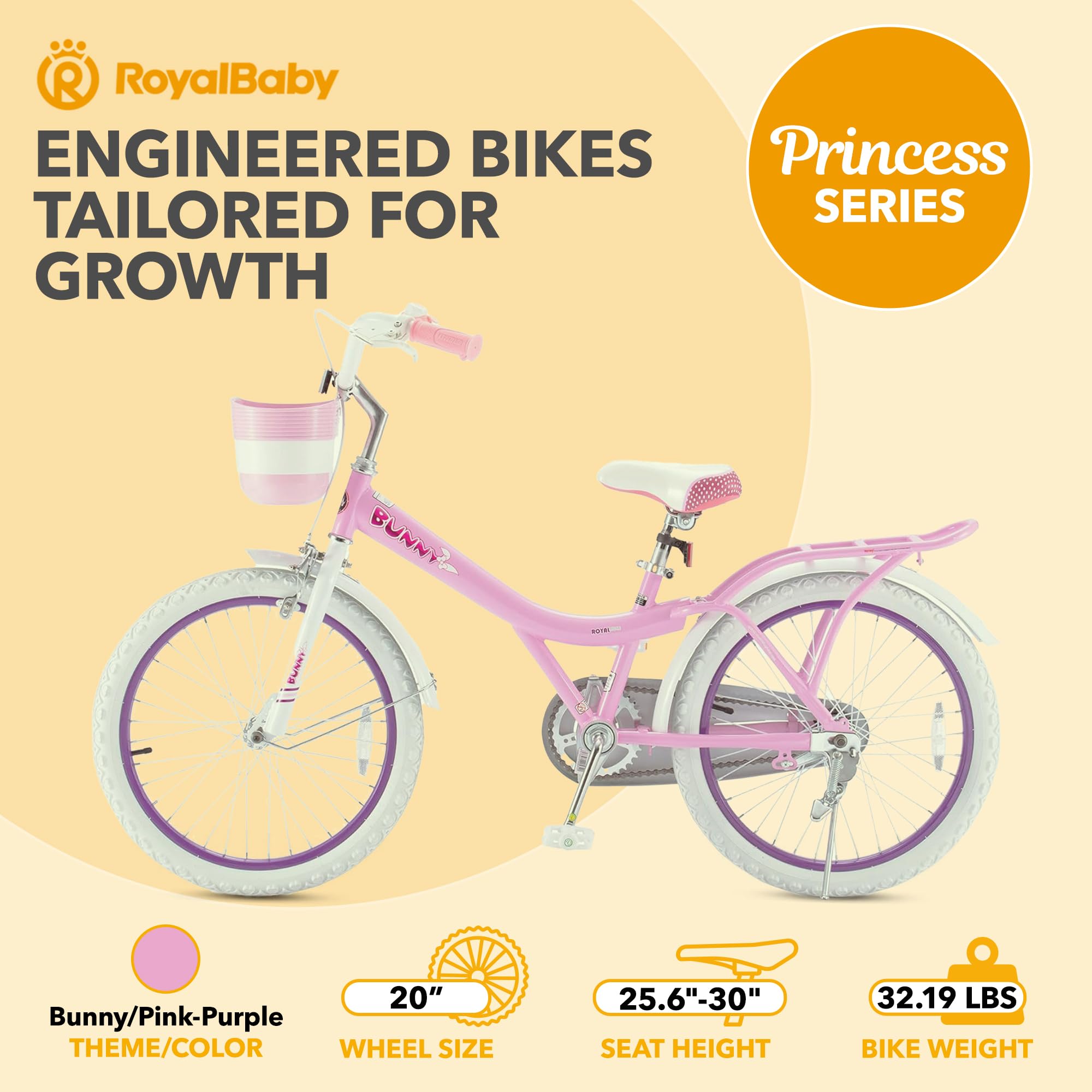 Royalbaby Princess Girl Children'S Bicycle Outdoor Ride-On Bike With Kickstand, Adjustable Seat, And Basket, 20 Inch, Bunny/Pink