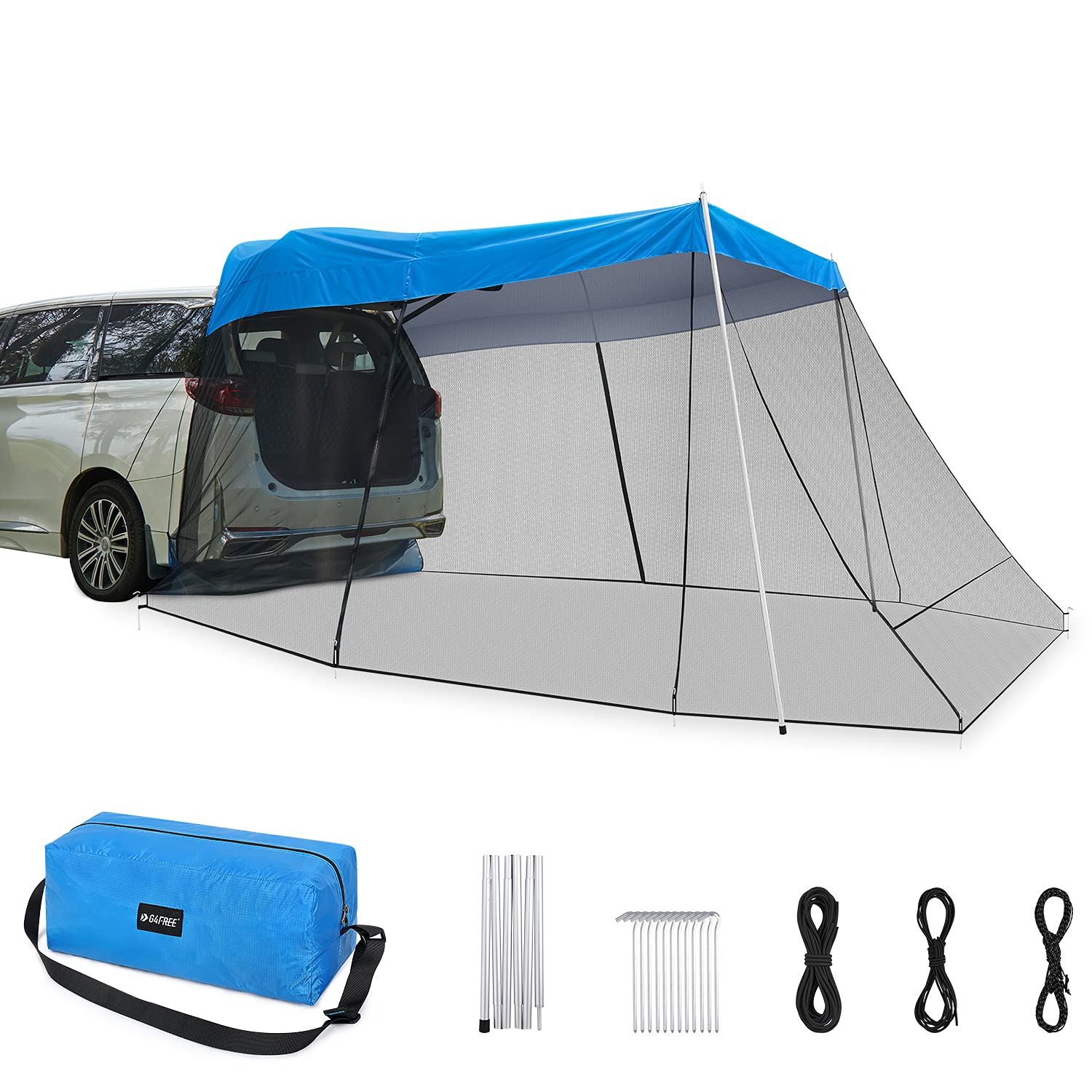 G4Free Car Awning Sun Shelter with Mosquito Net, Portable SUV Tent Tailgate Shade Car Canopy for Outdoor Camping Car Travel (Blu