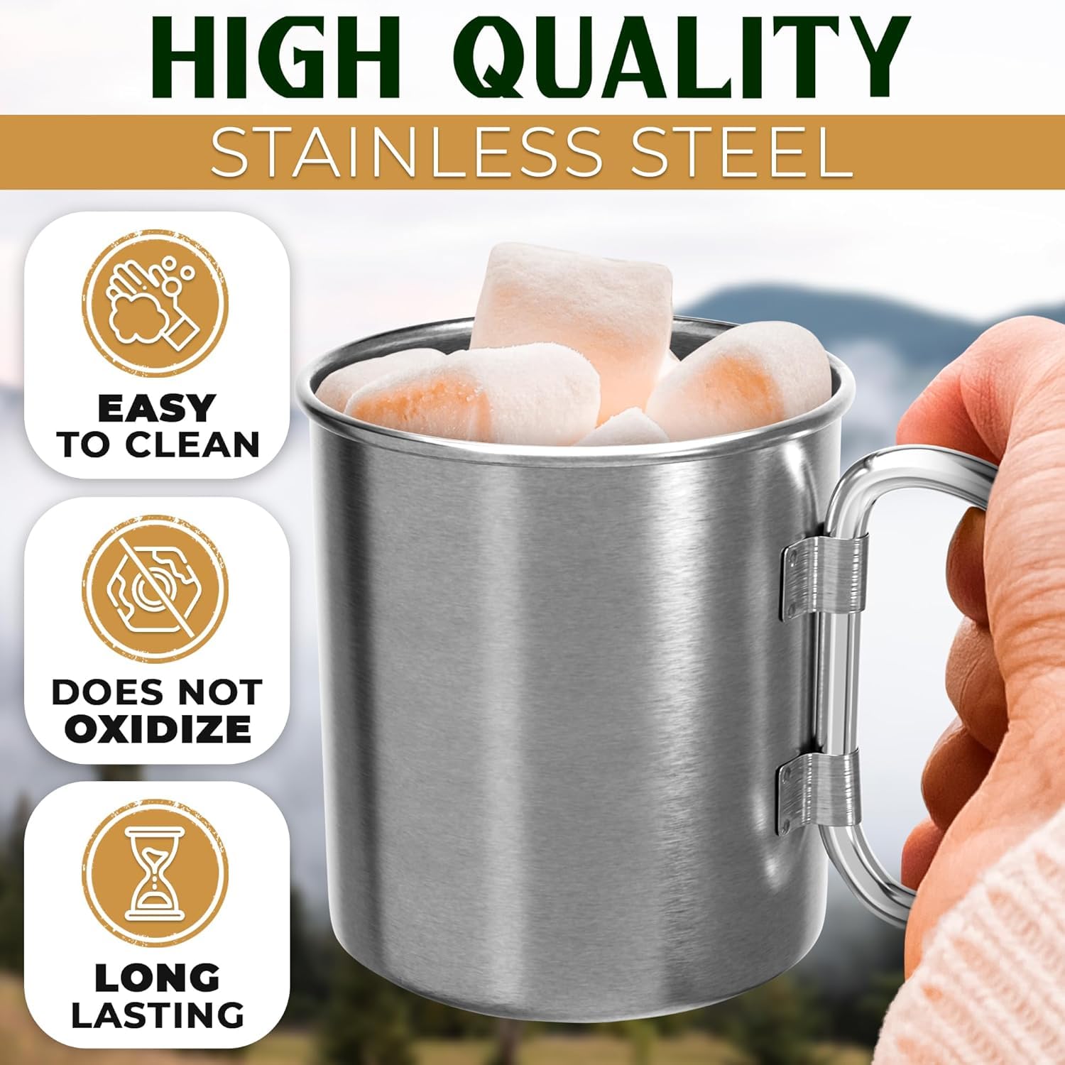 Vikrom Stainless Steel Camping Mug With Carabiner - 13.5 Oz Rock Climbing Metal Coffee Mug With Handle Camping Mugs