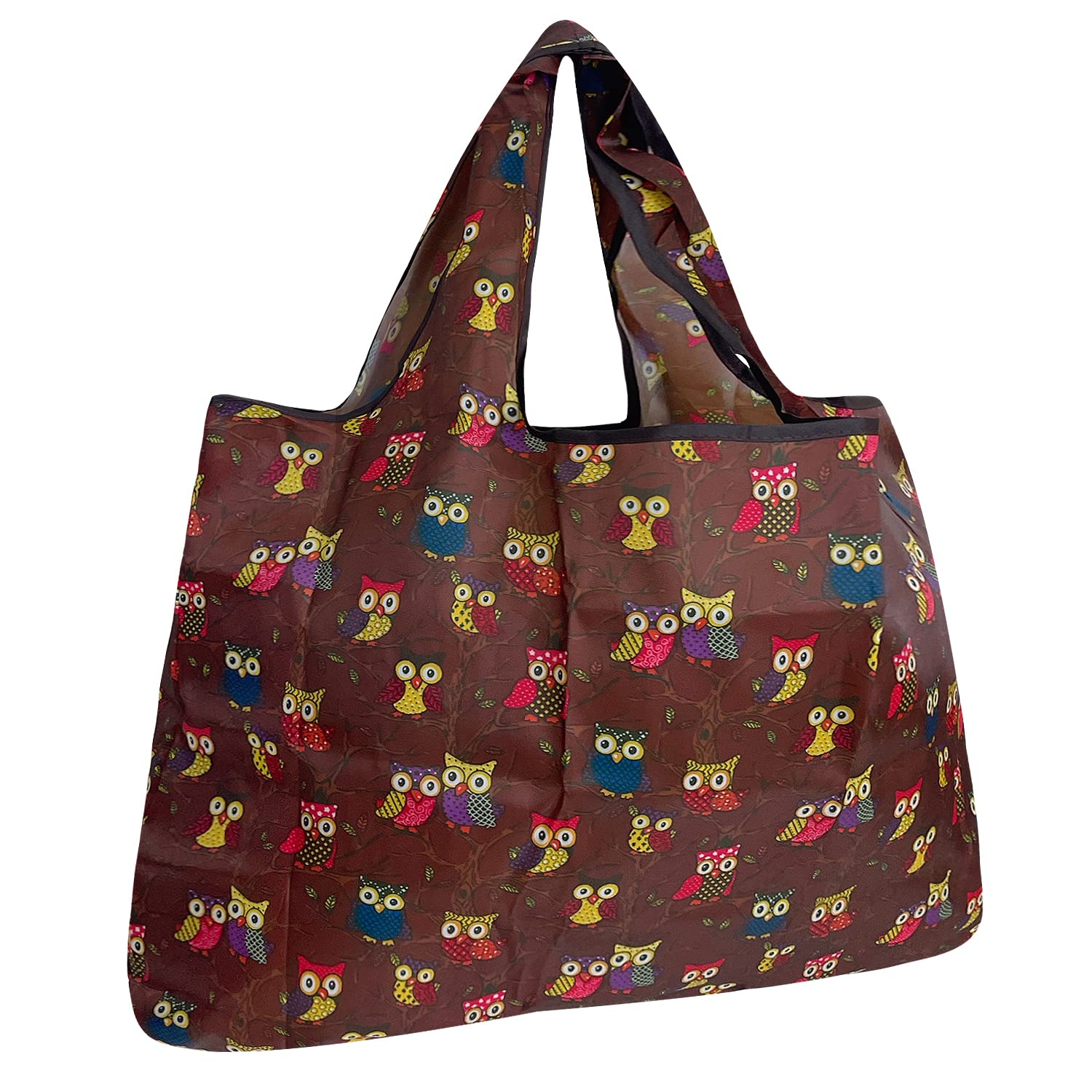 Allydrew Large Foldable Tote Nylon Reusable Grocery Bag, Owls Brown