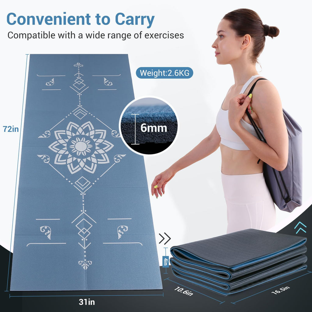 Avoalre Travel Yoga Mat Foldable | 6Mm Thick Large Pilates Mat Print | Non-Slip High Density Floor Exercise Mat For Home Workout