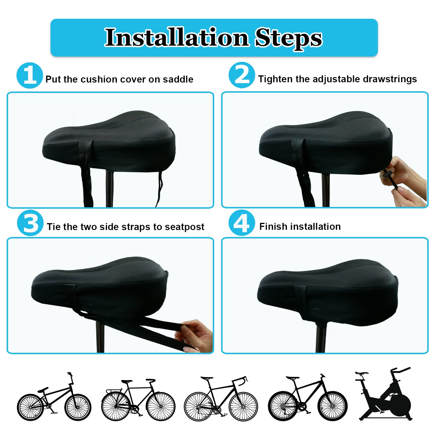 Geronmine Gel Bike Seat Cover Padded Bicycle Saddle Covers For Women  Men, Most Comfortable Exercise Bike Seat Cushion Cover, So