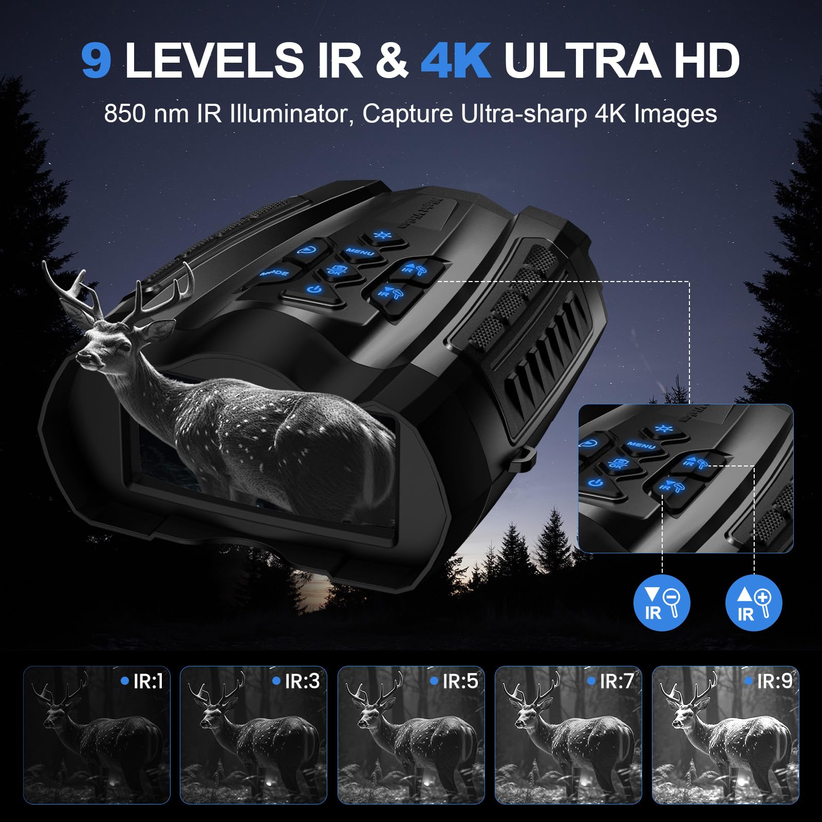 WARMTUYO Night Vision Goggles, 4K Binoculars with Camera, 3.5  HD Display and 32GB TF Card, 9 Gear Night Vision, 16X Digital Zoo
