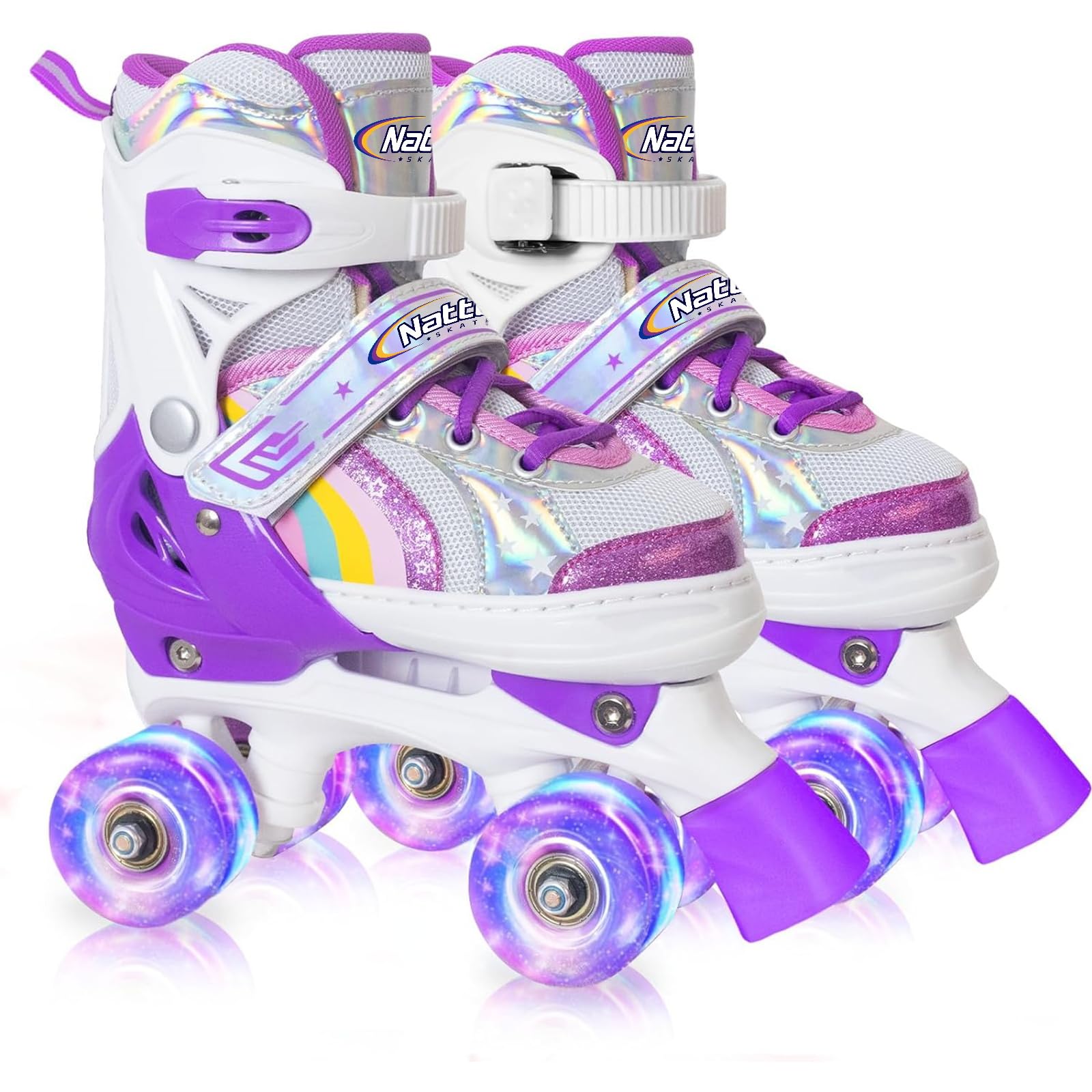 Girls Roller Skates For Big Kids Ages6-12 7 8 9 10, 4 Size Adjustable Rainbow Quad Skates With All Light Up Wheels - Best Birthd